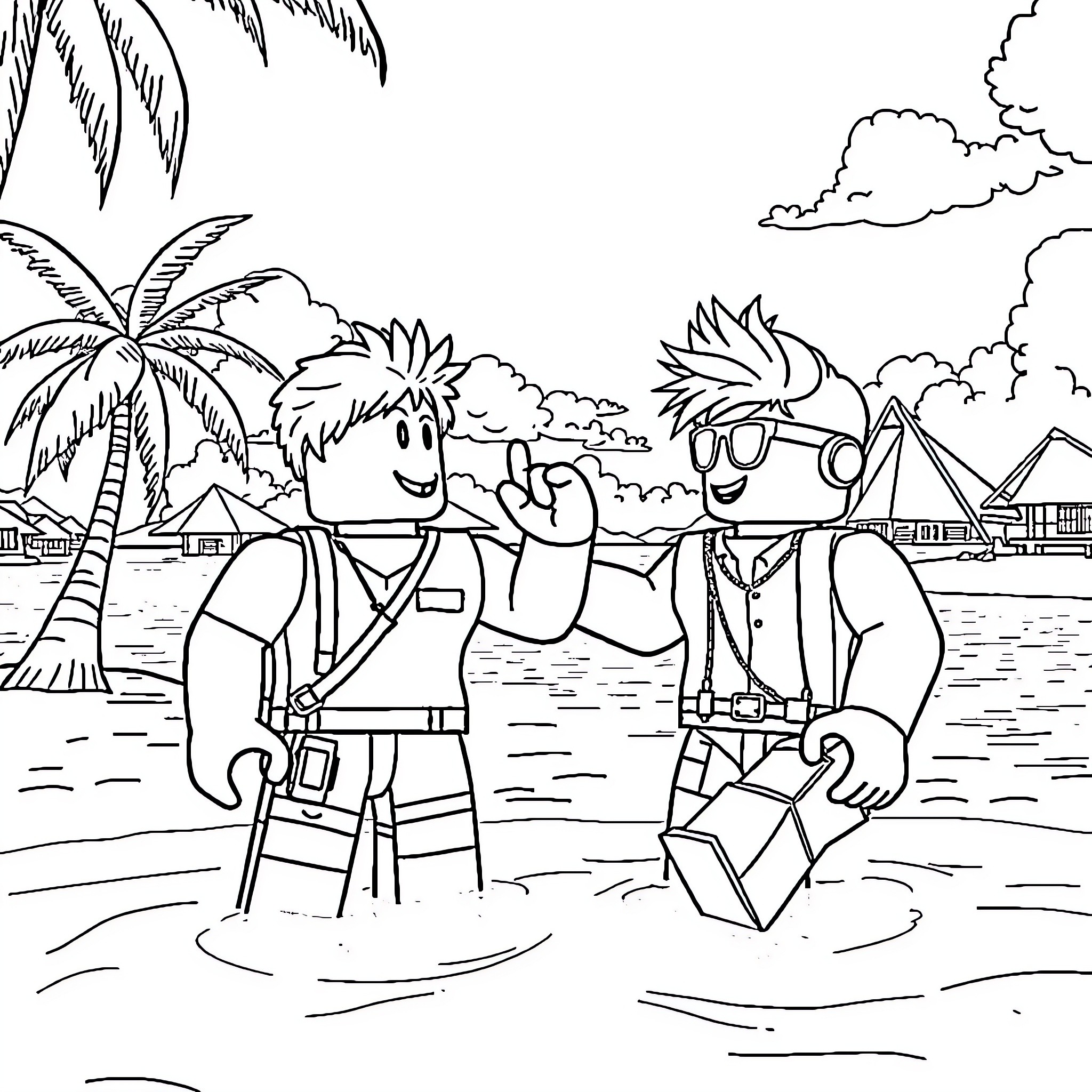 Roblox Avatar characters enjoying a tropical beach Coloring Page (free black-and-white line drawing printable PDF for all, from beginners to advanced learners, including children, teens, adults, and seniors)