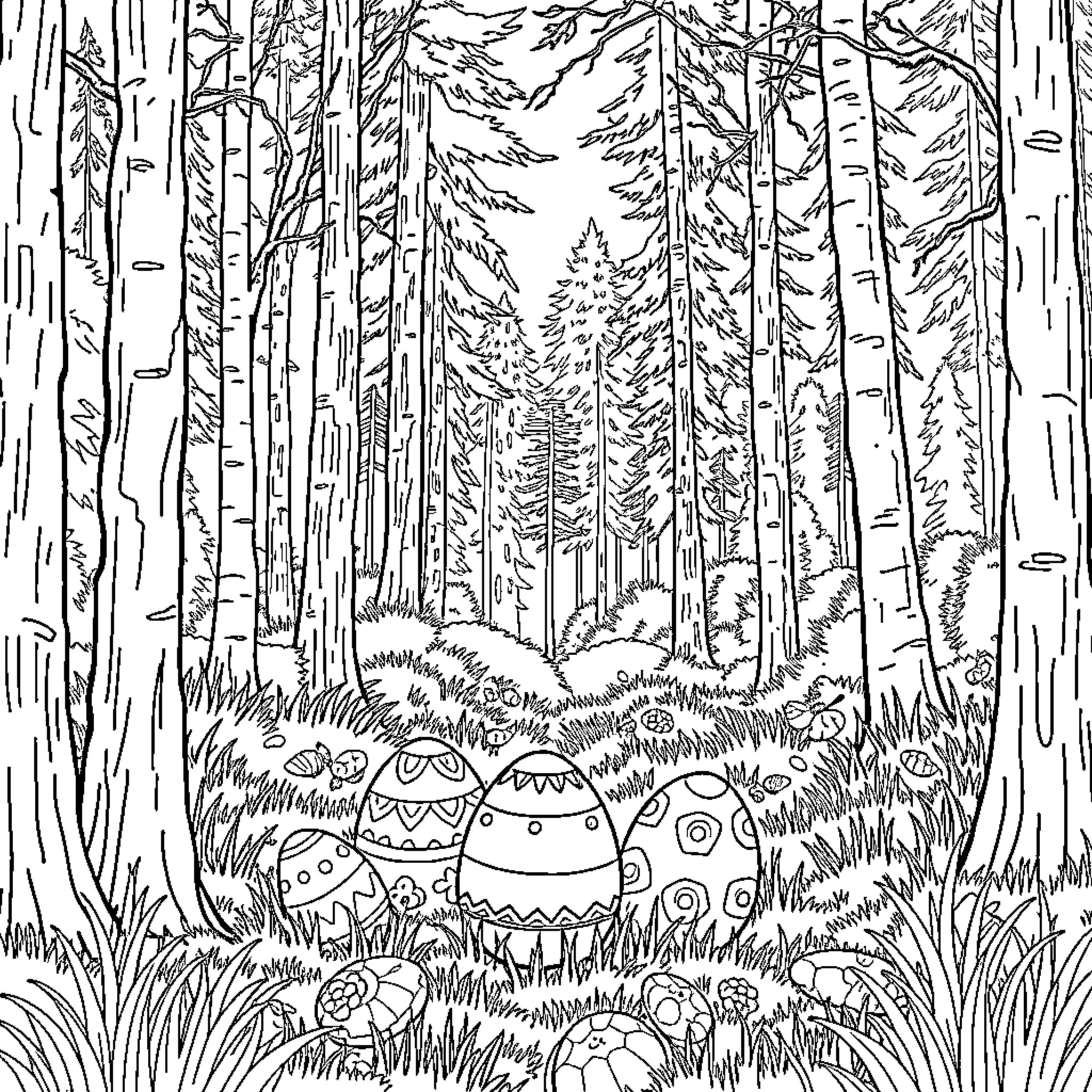 Egg decorations in a forest scene Coloring Page (free black-and-white line drawing printable PDF for all, from beginners to advanced learners, including children, teens, adults, and seniors)
