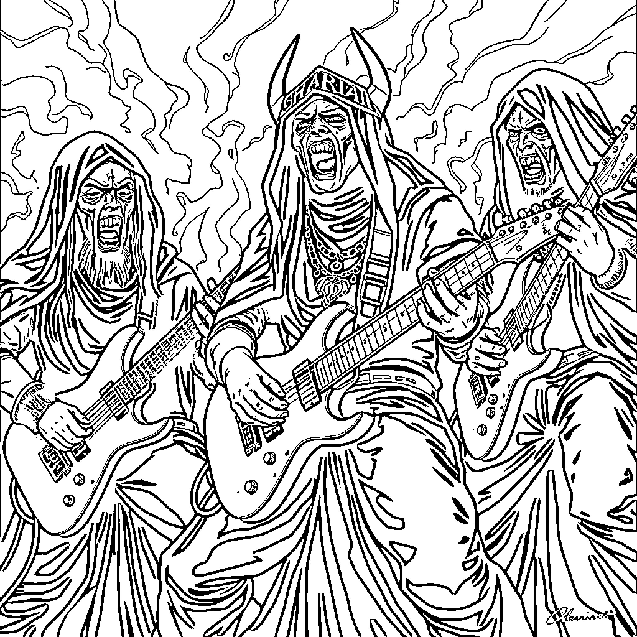 Shariah Music: Extreme Metal Performers in Action Coloring Page (free black-and-white line drawing printable PDF for all, from beginners to advanced learners, including children, teens, adults, and seniors)