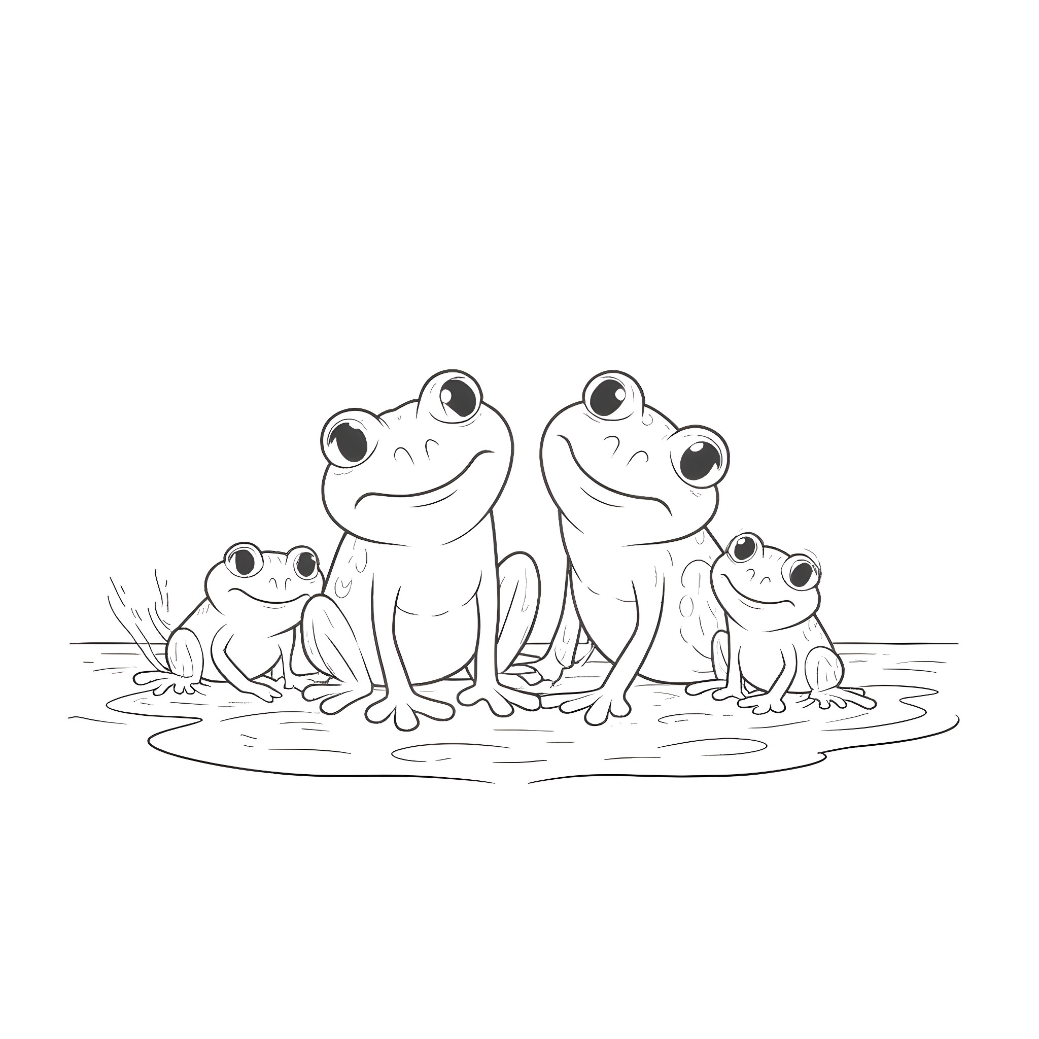 Frog family relaxing in the pond Coloring Page (free black-and-white line drawing printable PDF for all, from beginners to advanced learners, including children, teens, adults, and seniors)
