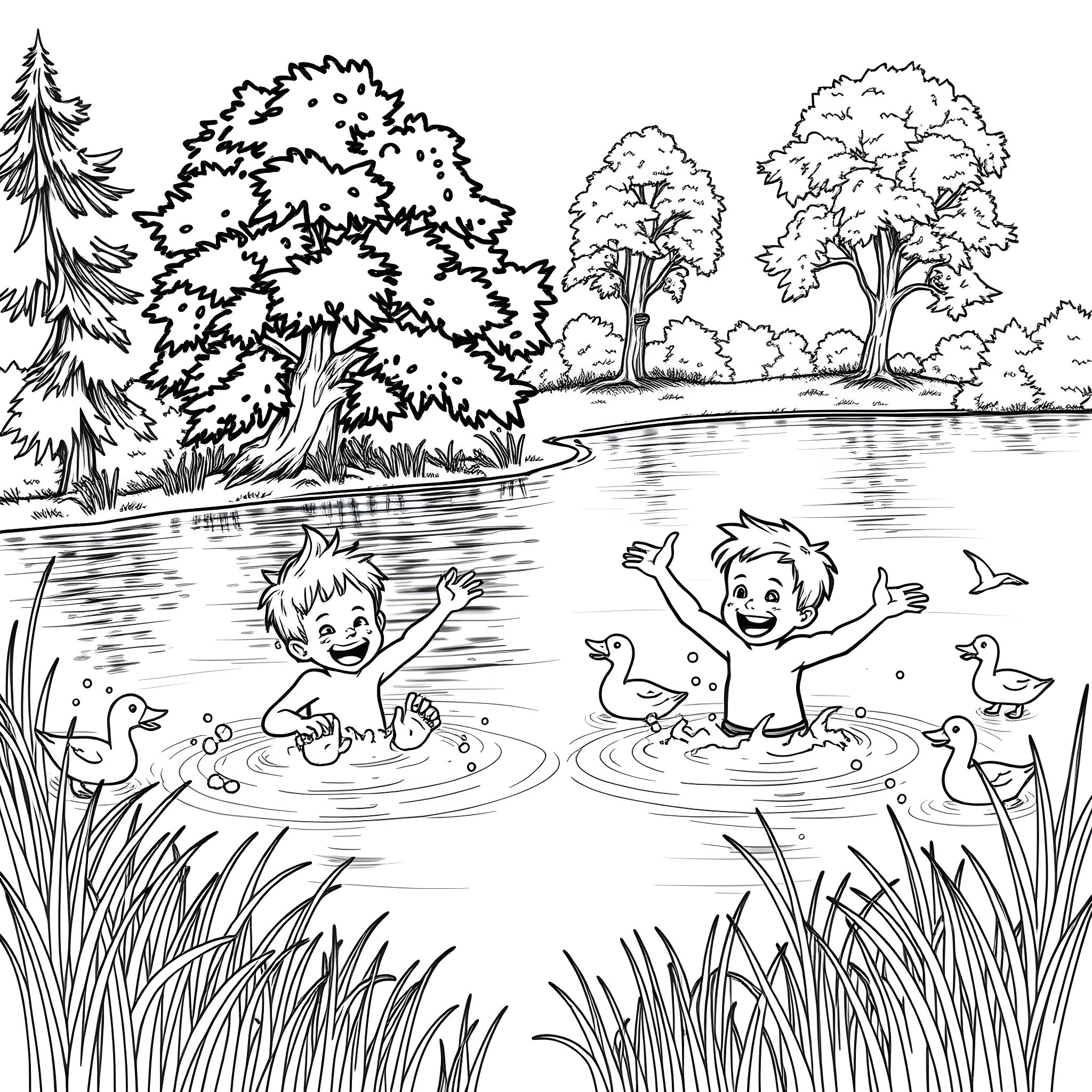 Boy playing happily in the pond with ducks Coloring Page (free black-and-white line drawing printable PDF for all, from beginners to advanced learners, including children, teens, adults, and seniors)