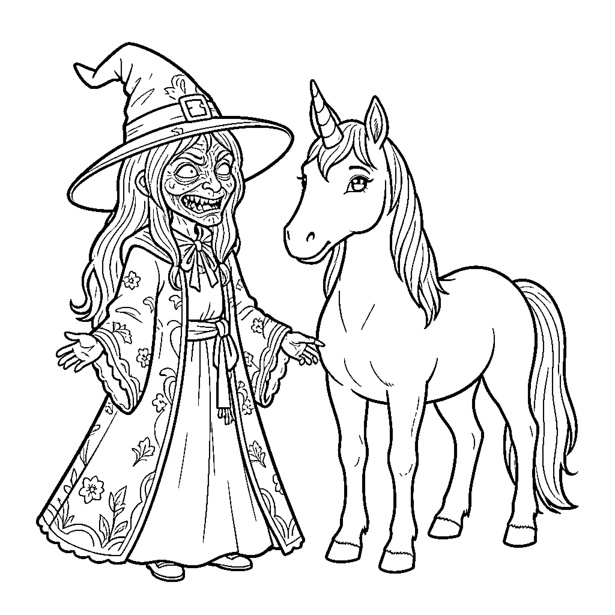 Witch smiling next to a friendly unicorn Coloring Page (free black-and-white line drawing printable PDF for all, from beginners to advanced learners, including children, teens, adults, and seniors)