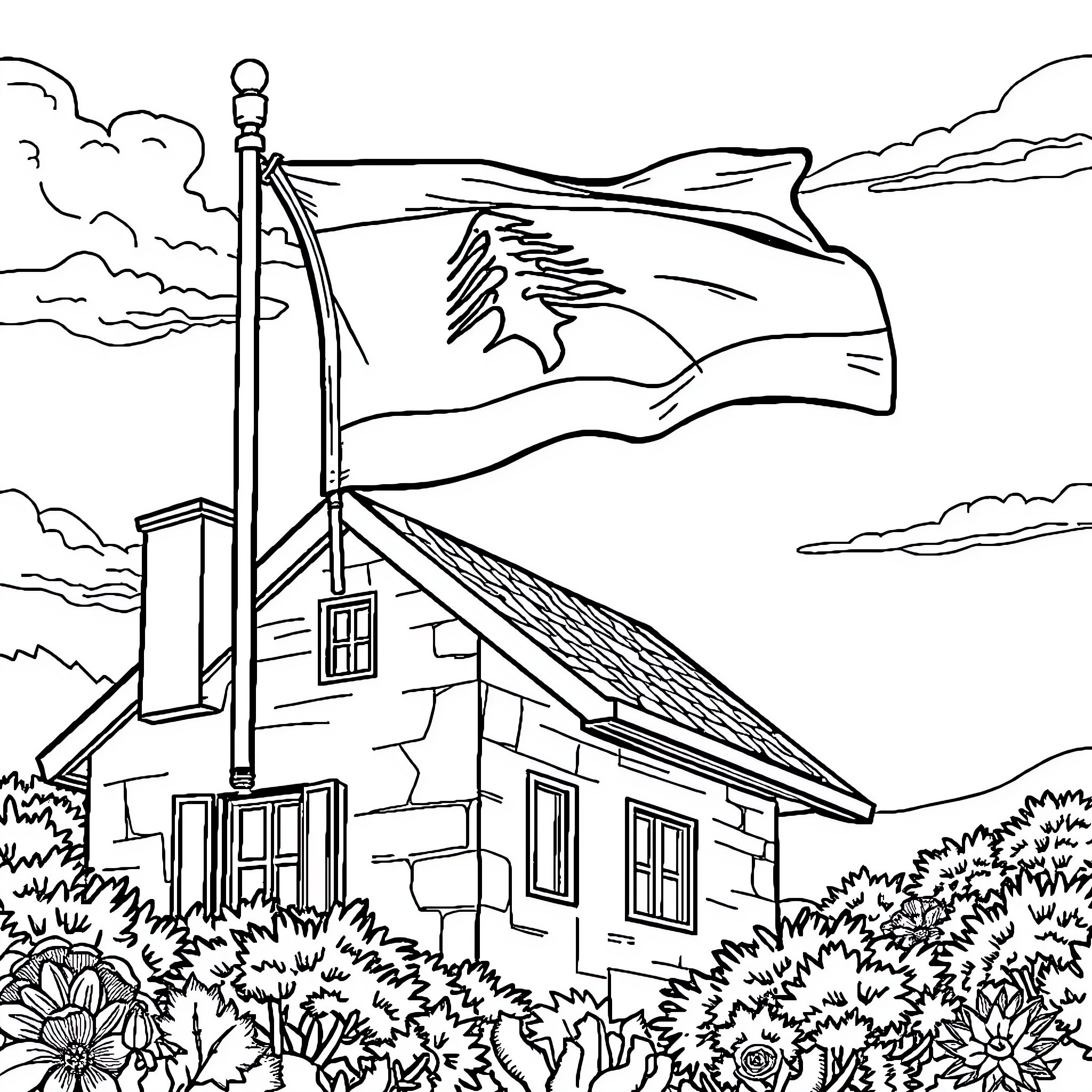 Flag flying over rural countryside landscape Coloring Page (free black-and-white line drawing printable PDF for all, from beginners to advanced learners, including children, teens, adults, and seniors)
