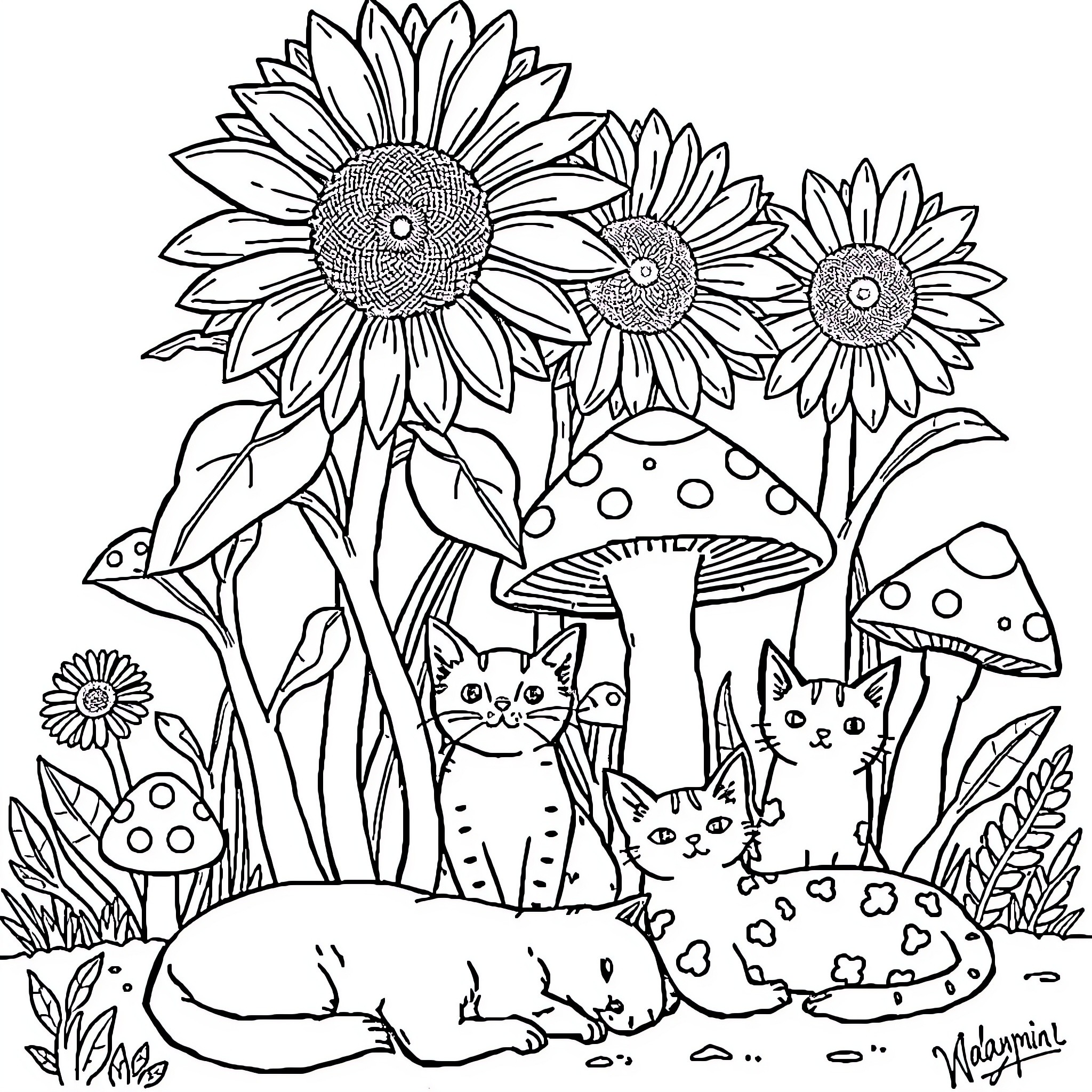 Sunflowers blooming amidst whimsical mushrooms and frolicking cats Coloring Page (free black-and-white line drawing printable PDF for all, from beginners to advanced learners, including children, teens, adults, and seniors)