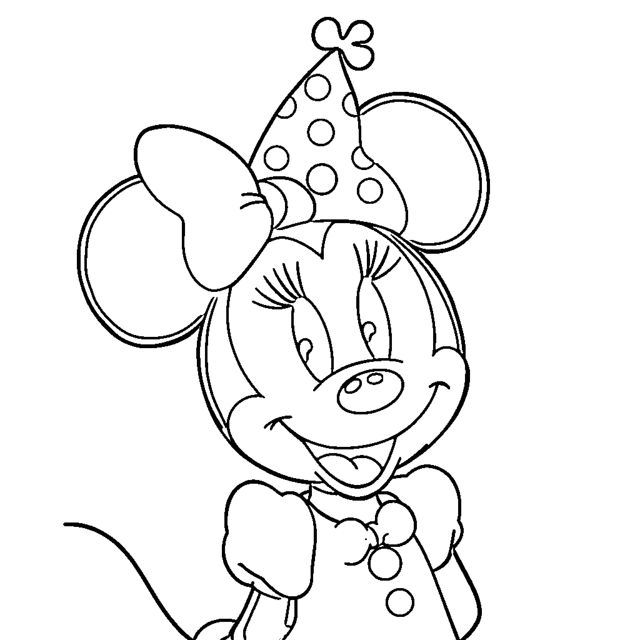 Minnie Mouse wearing a polka dot party hat Coloring Page (free black-and-white line drawing printable PDF for all, from beginners to advanced learners, including children, teens, adults, and seniors)