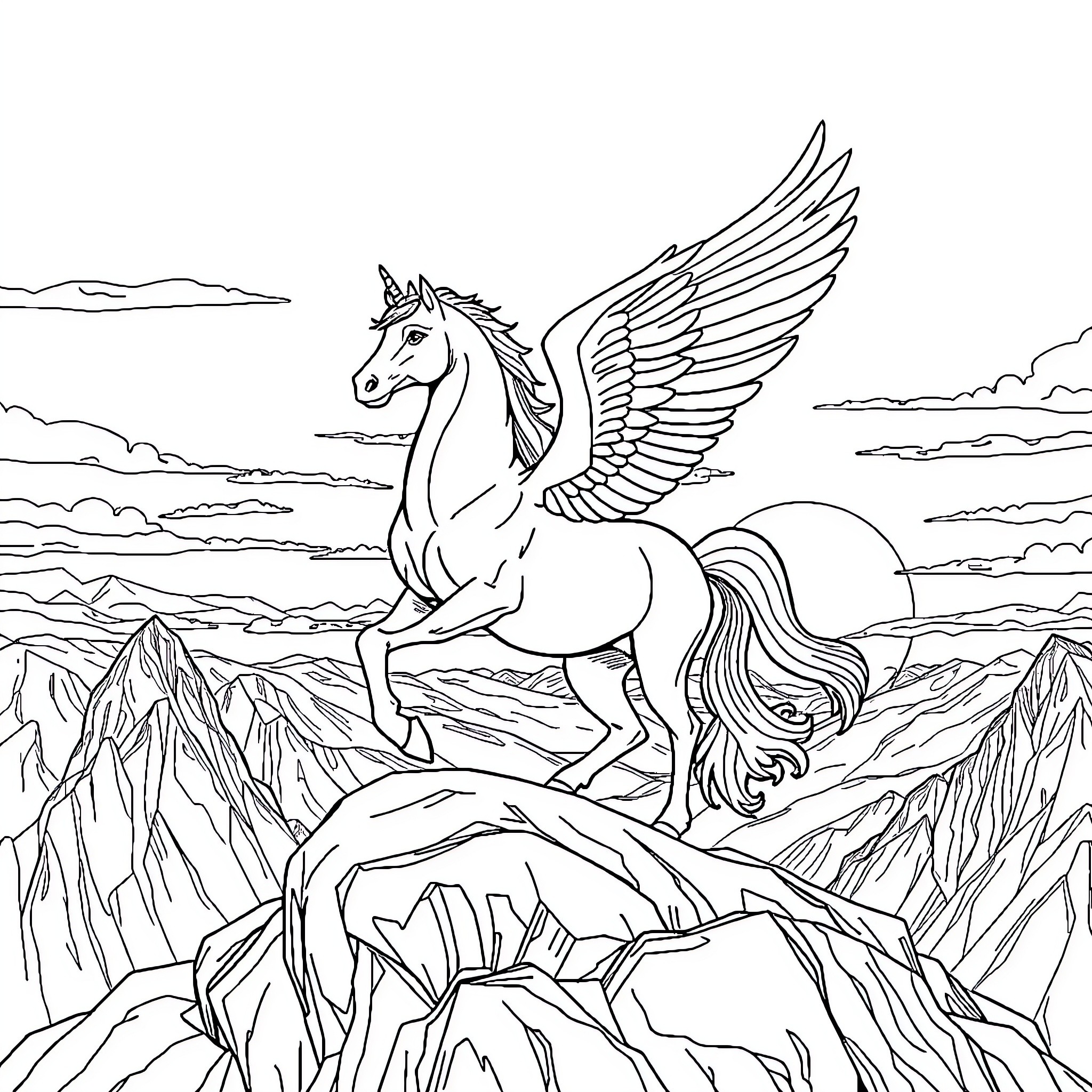 Pegasus soaring over majestic mountain landscape Coloring Page (free black-and-white line drawing printable PDF for all, from beginners to advanced learners, including children, teens, adults, and seniors)