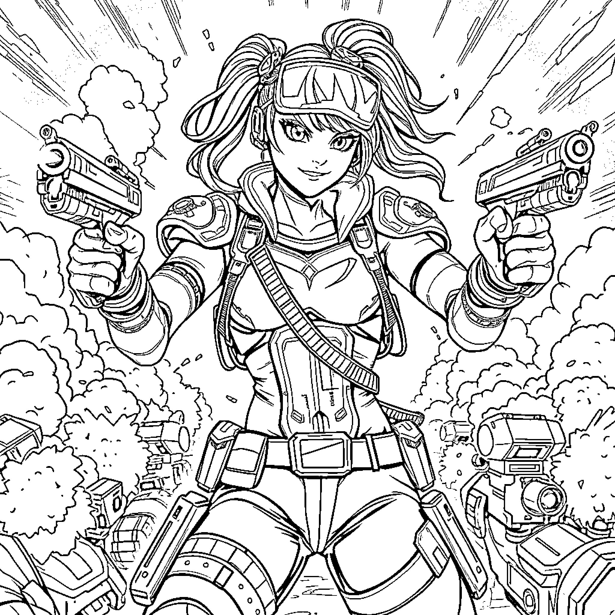 Female Character in Action-Packed Scenario Coloring Page (free black-and-white line drawing printable PDF for all, from beginners to advanced learners, including children, teens, adults, and seniors)