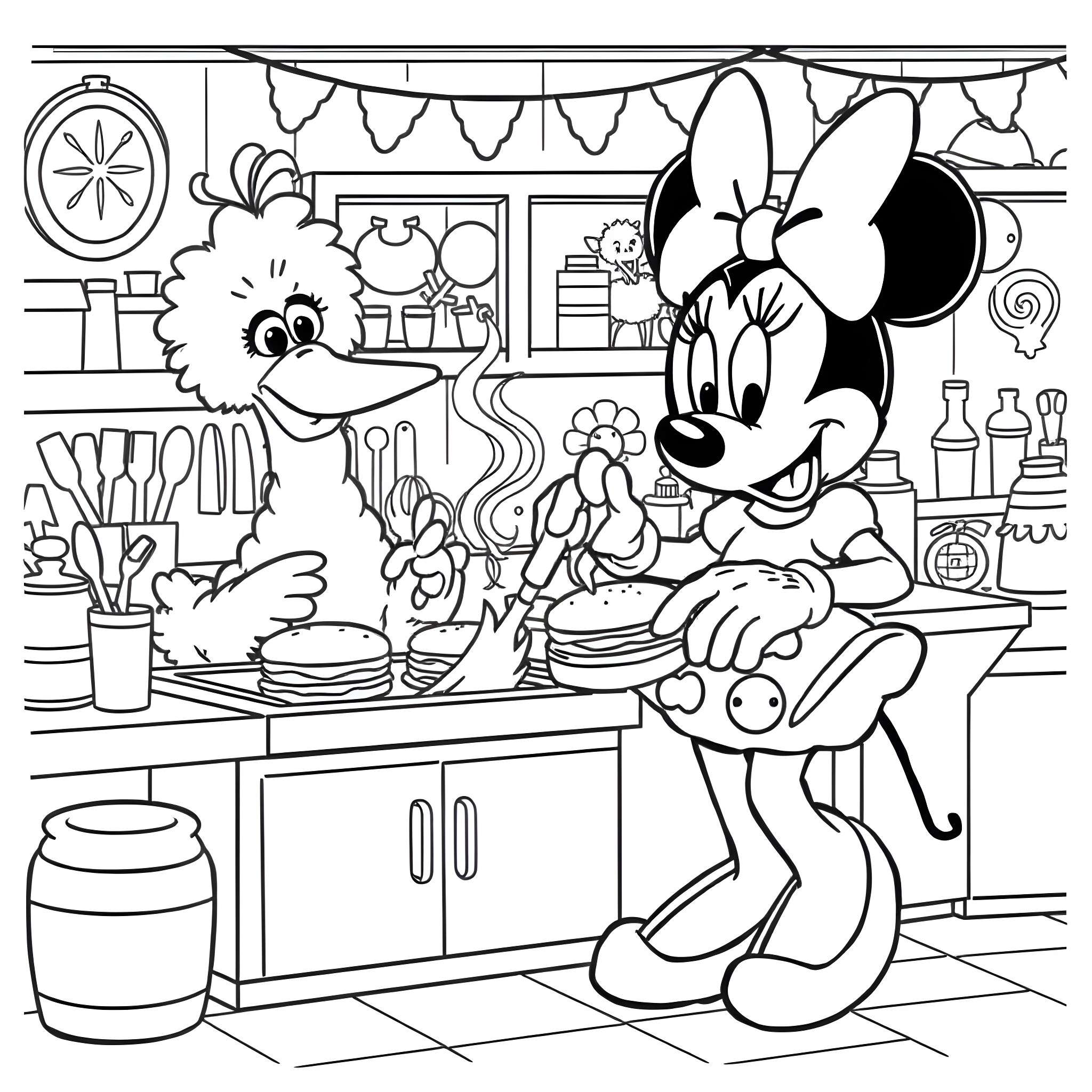 Minnie Mouse cooking in the kitchen Coloring Page (free black-and-white line drawing printable PDF for all, from beginners to advanced learners, including children, teens, adults, and seniors)