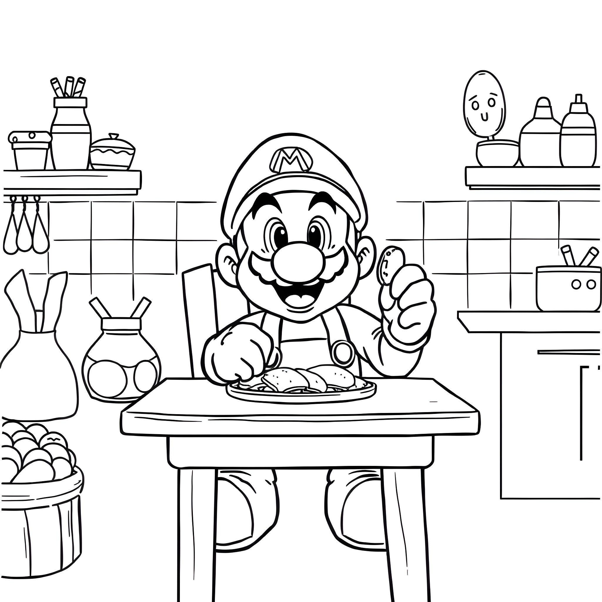 Mario Enjoying a Hearty Meal in the Kitchen Coloring Page (free black-and-white line drawing printable PDF for all, from beginners to advanced learners, including children, teens, adults, and seniors)