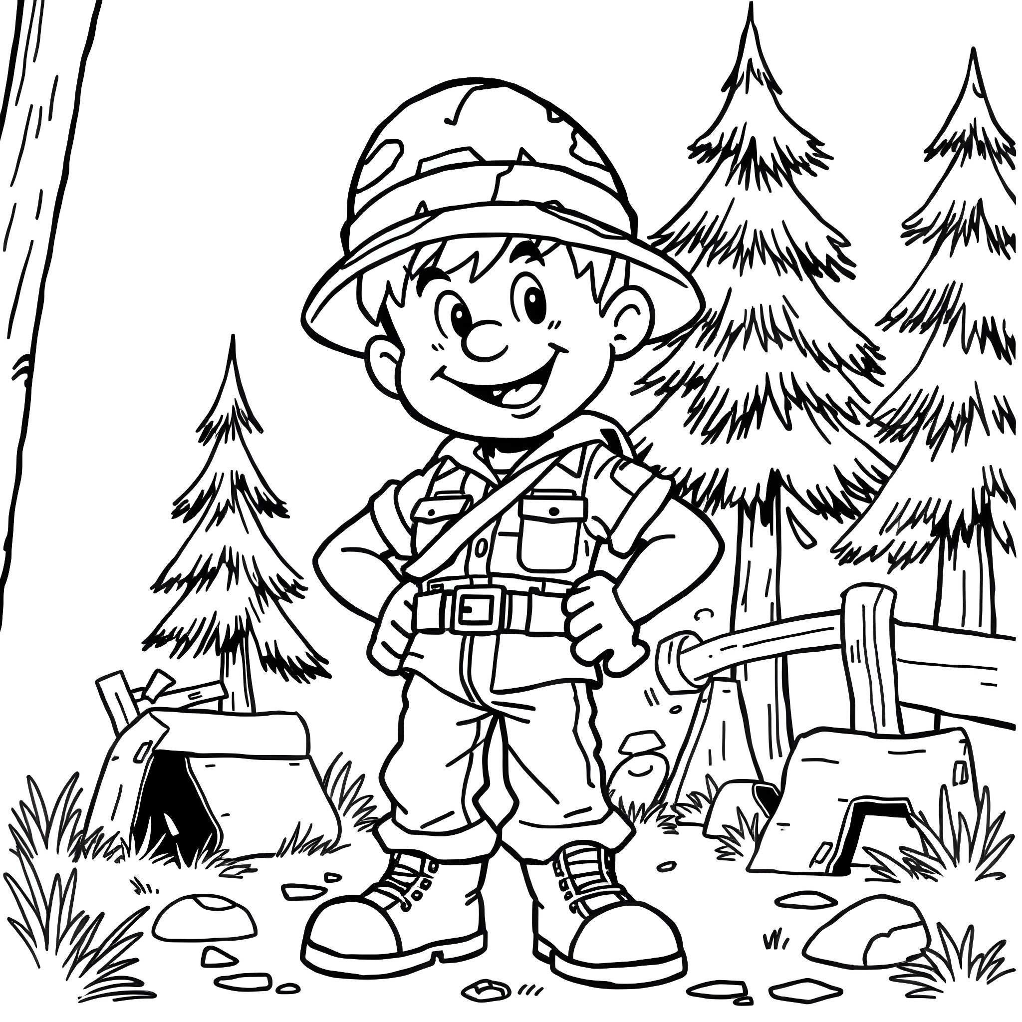Dennis the Adventurous Camper in the Forest Coloring Page (free black-and-white line drawing printable PDF for all, from beginners to advanced learners, including children, teens, adults, and seniors)
