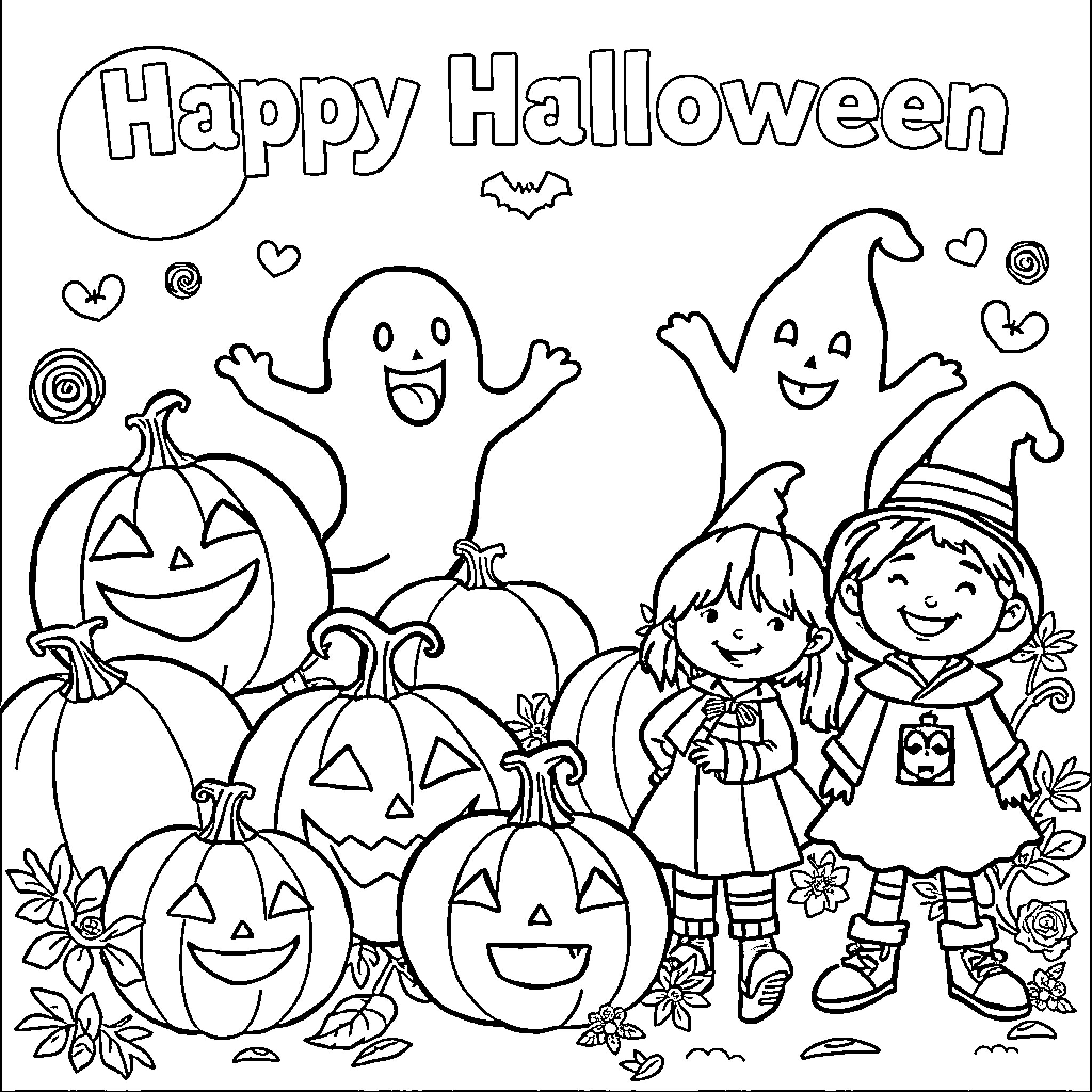 Halloween Celebrations with Festive Costumes and Pumpkins Coloring Page (free black-and-white line drawing printable PDF for all, from beginners to advanced learners, including children, teens, adults, and seniors)