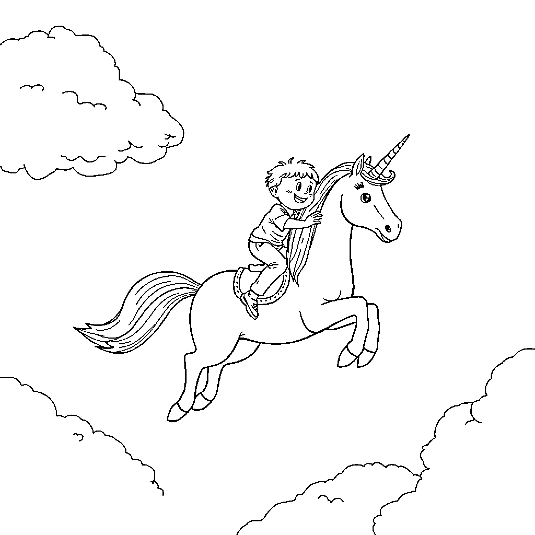 Unicorn Carrying Whimsical Child through the Clouds Coloring Page (free black-and-white line drawing printable PDF for all, from beginners to advanced learners, including children, teens, adults, and seniors)