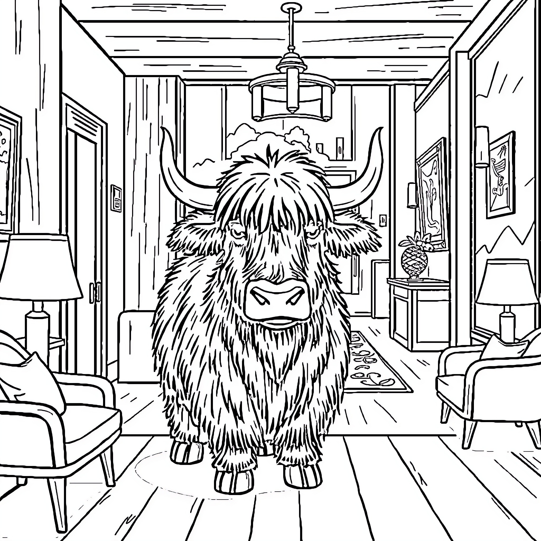 Yak enjoying a cozy indoor setting Coloring Page (free black-and-white line drawing printable PDF for all, from beginners to advanced learners, including children, teens, adults, and seniors)