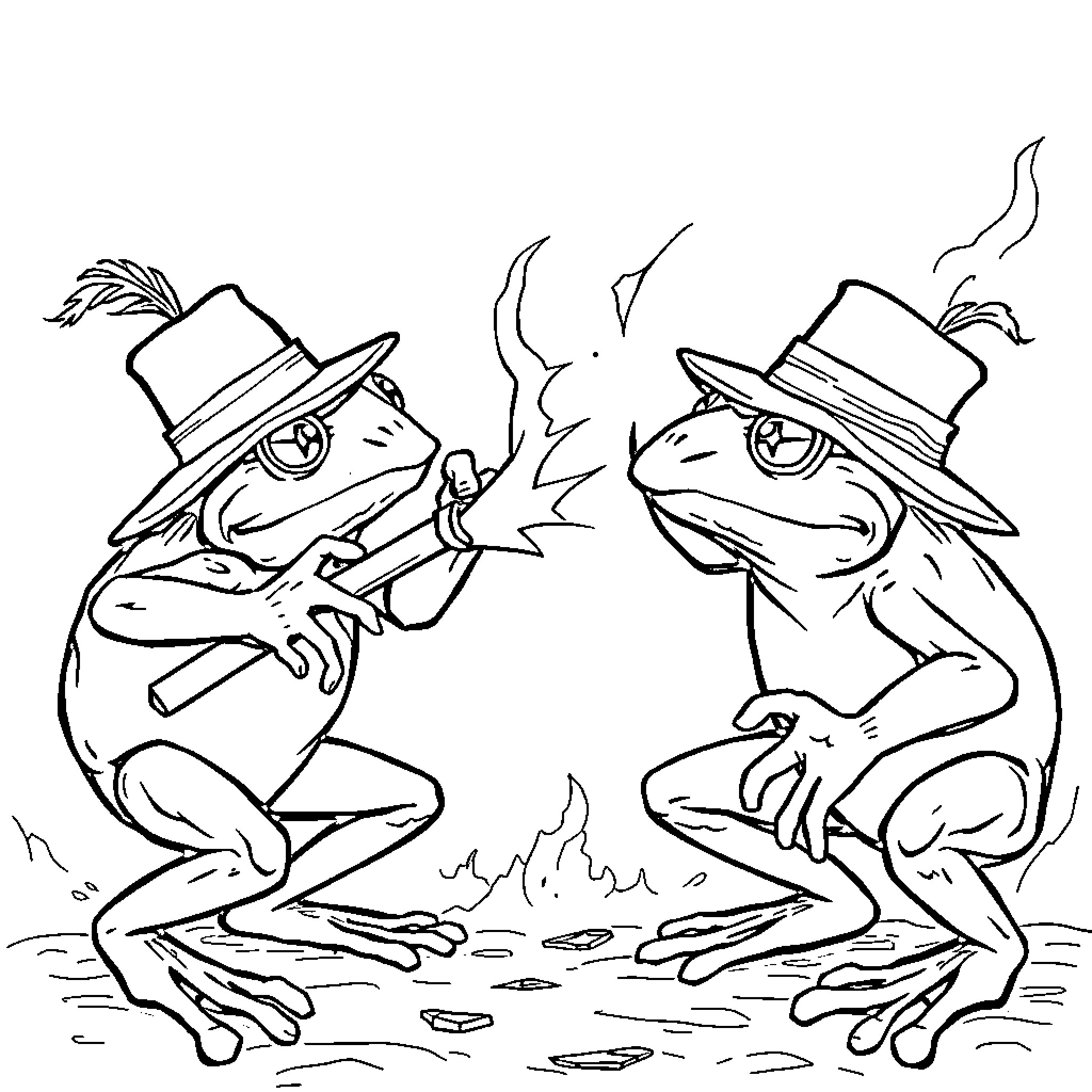 Frog Duo Performing Energetic Dance Coloring Page (free black-and-white line drawing printable PDF for all, from beginners to advanced learners, including children, teens, adults, and seniors)