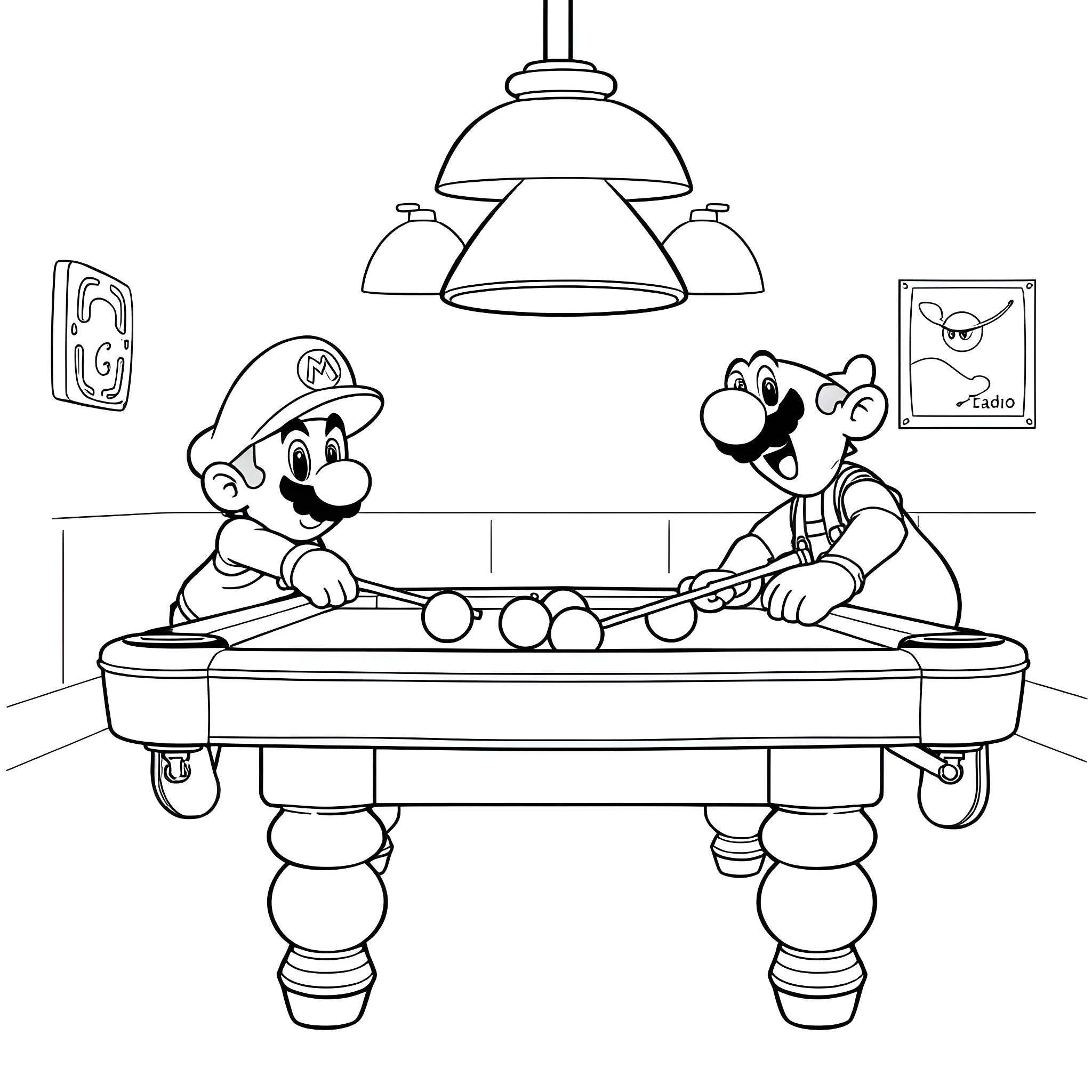 Mario and Luigi playing pool in game room Coloring Page (free black-and-white line drawing printable PDF for all, from beginners to advanced learners, including children, teens, adults, and seniors)