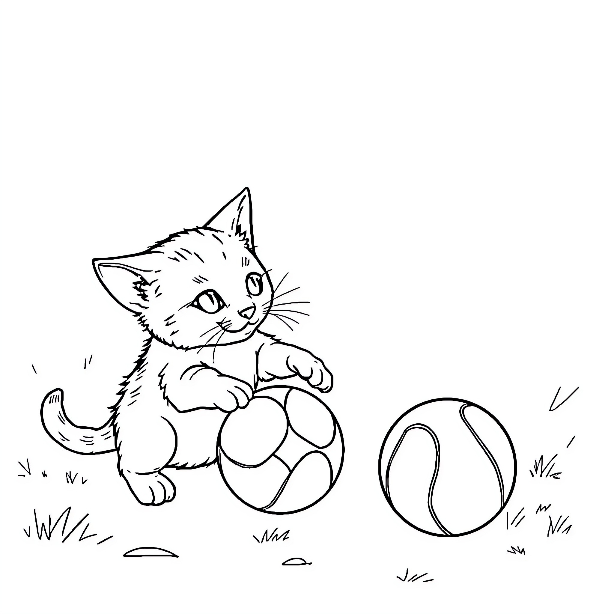 Cat playing with a ball on the grass Coloring Page (free black-and-white line drawing printable PDF for all, from beginners to advanced learners, including children, teens, adults, and seniors)