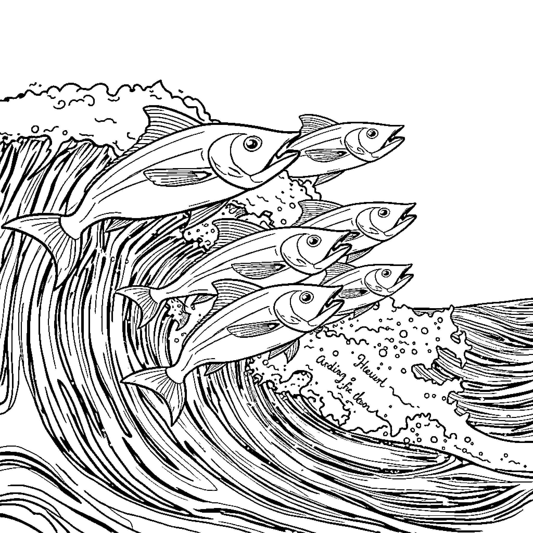Flying Fish Leaping Over Crashing Ocean Waves Coloring Page (free black-and-white line drawing printable PDF for all, from beginners to advanced learners, including children, teens, adults, and seniors)