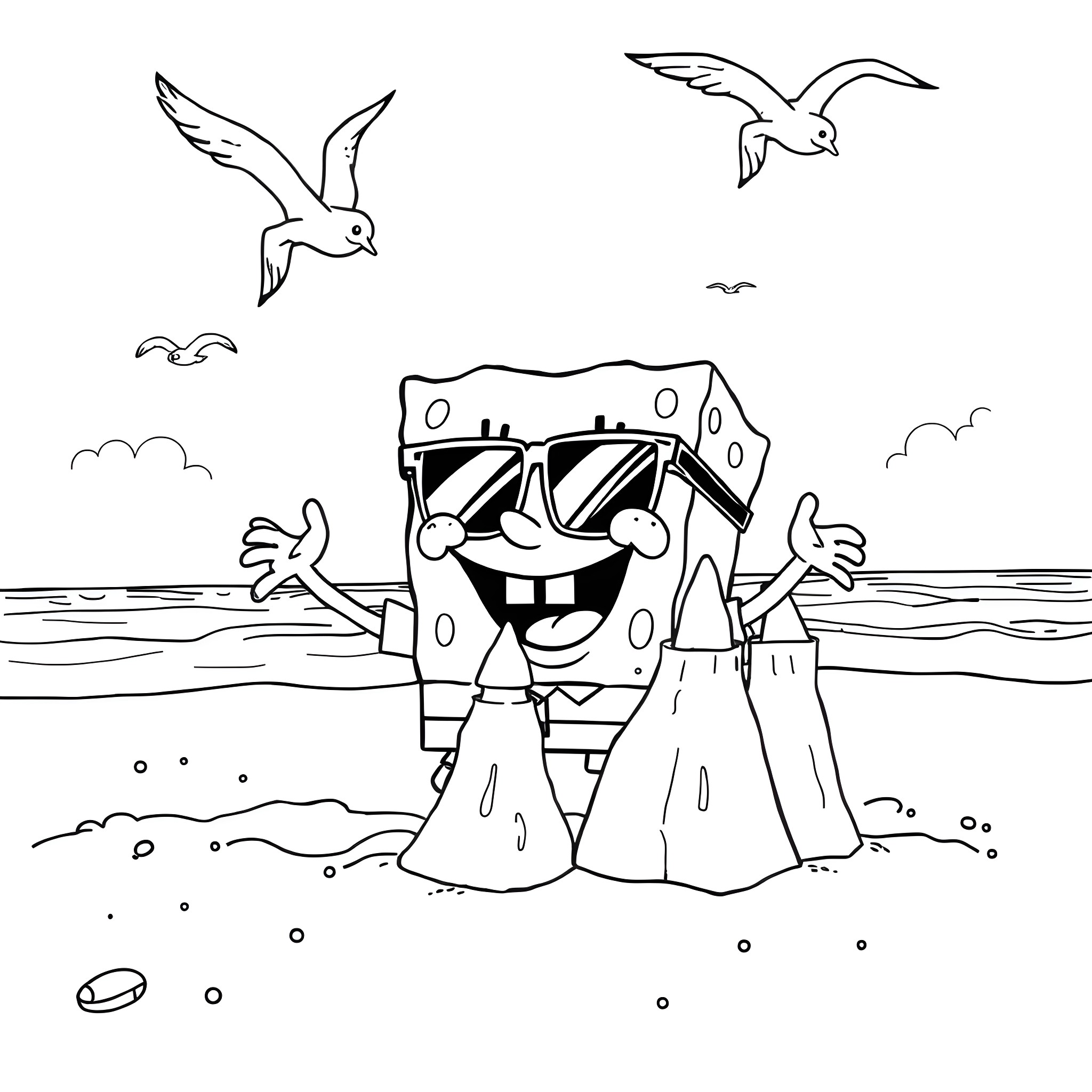 Spongebob relaxing on the beach with seagulls Coloring Page (free black-and-white line drawing printable PDF for all, from beginners to advanced learners, including children, teens, adults, and seniors)