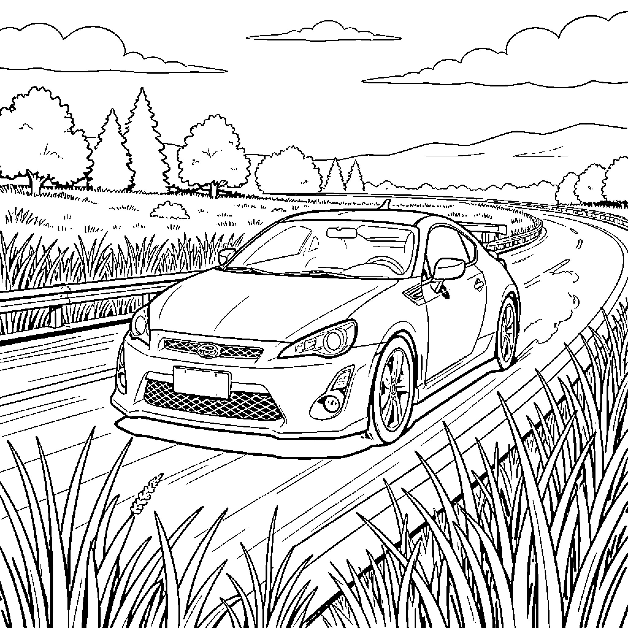 Scion FRS driving fast along a winding road Coloring Page (free black-and-white line drawing printable PDF for all, from beginners to advanced learners, including children, teens, adults, and seniors)