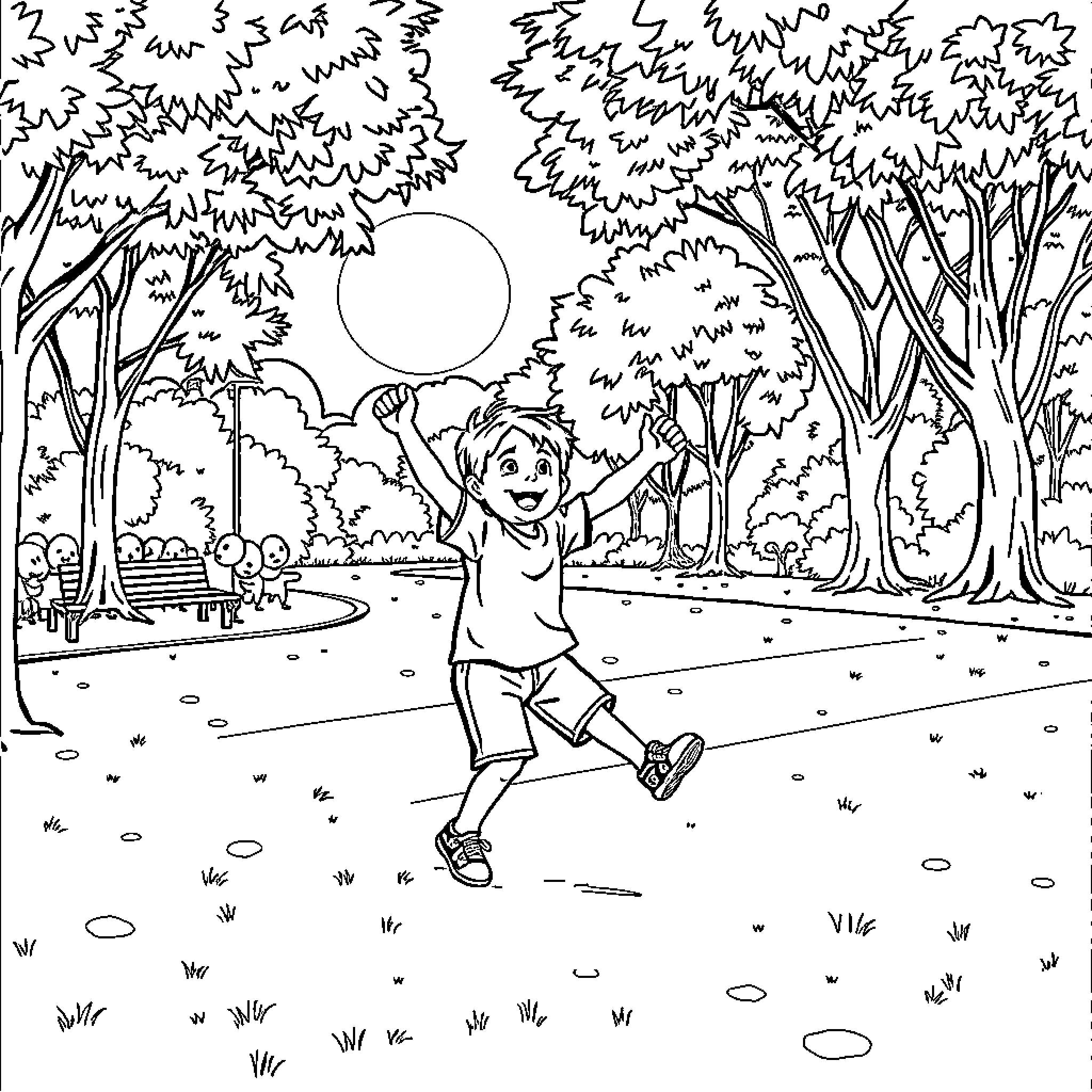 Child playing happily in the park Coloring Page (free black-and-white line drawing printable PDF for all, from beginners to advanced learners, including children, teens, adults, and seniors)