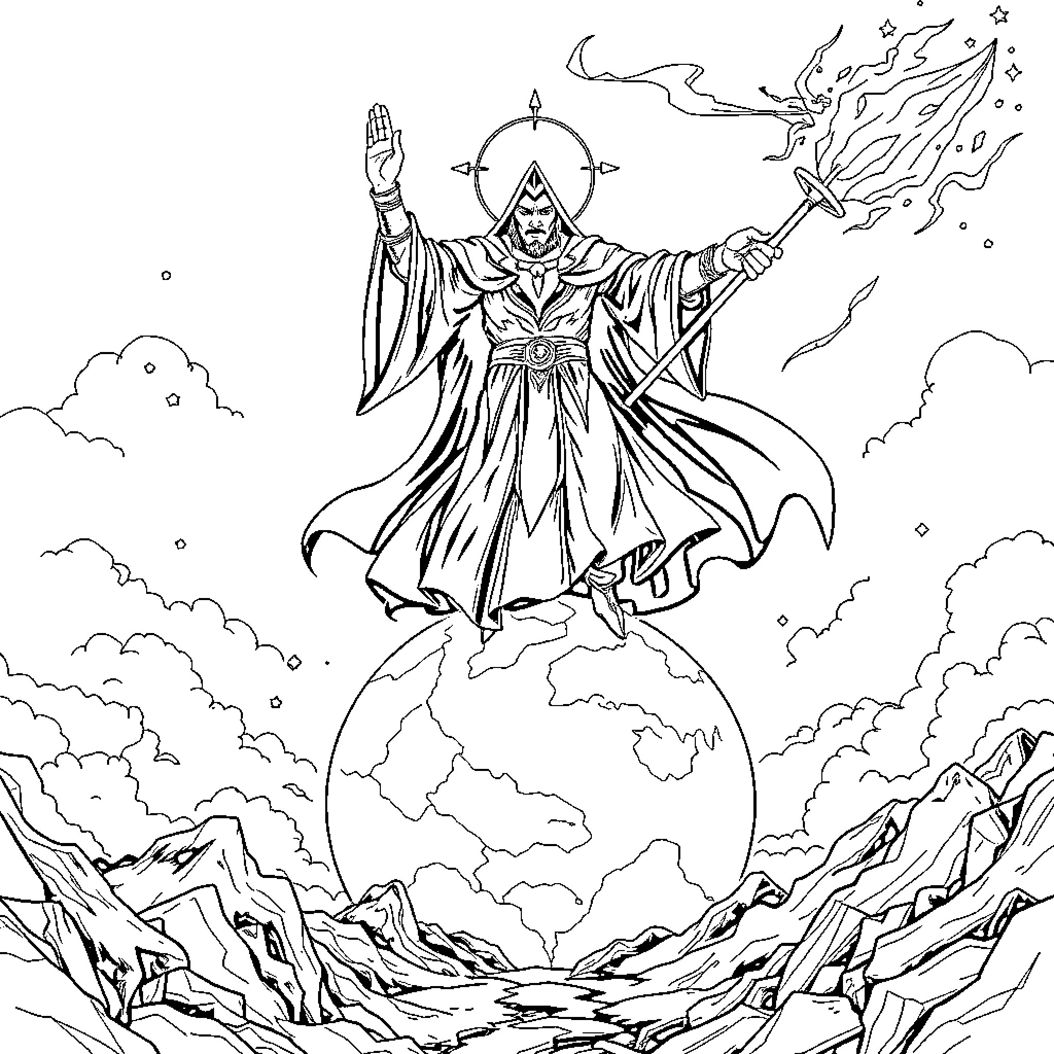 Mage Wielding Powerful Magic Over the World Coloring Page (free black-and-white line drawing printable PDF for all, from beginners to advanced learners, including children, teens, adults, and seniors)
