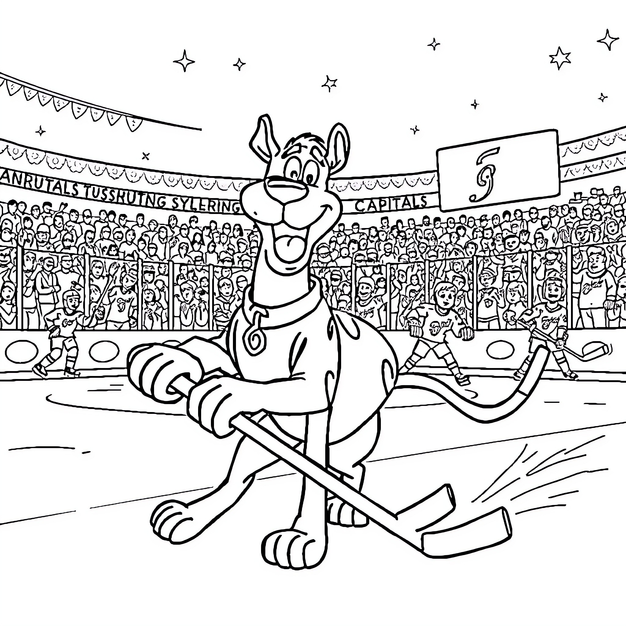 Scooby Doo playing hockey in a sports arena Coloring Page (free black-and-white line drawing printable PDF for all, from beginners to advanced learners, including children, teens, adults, and seniors)