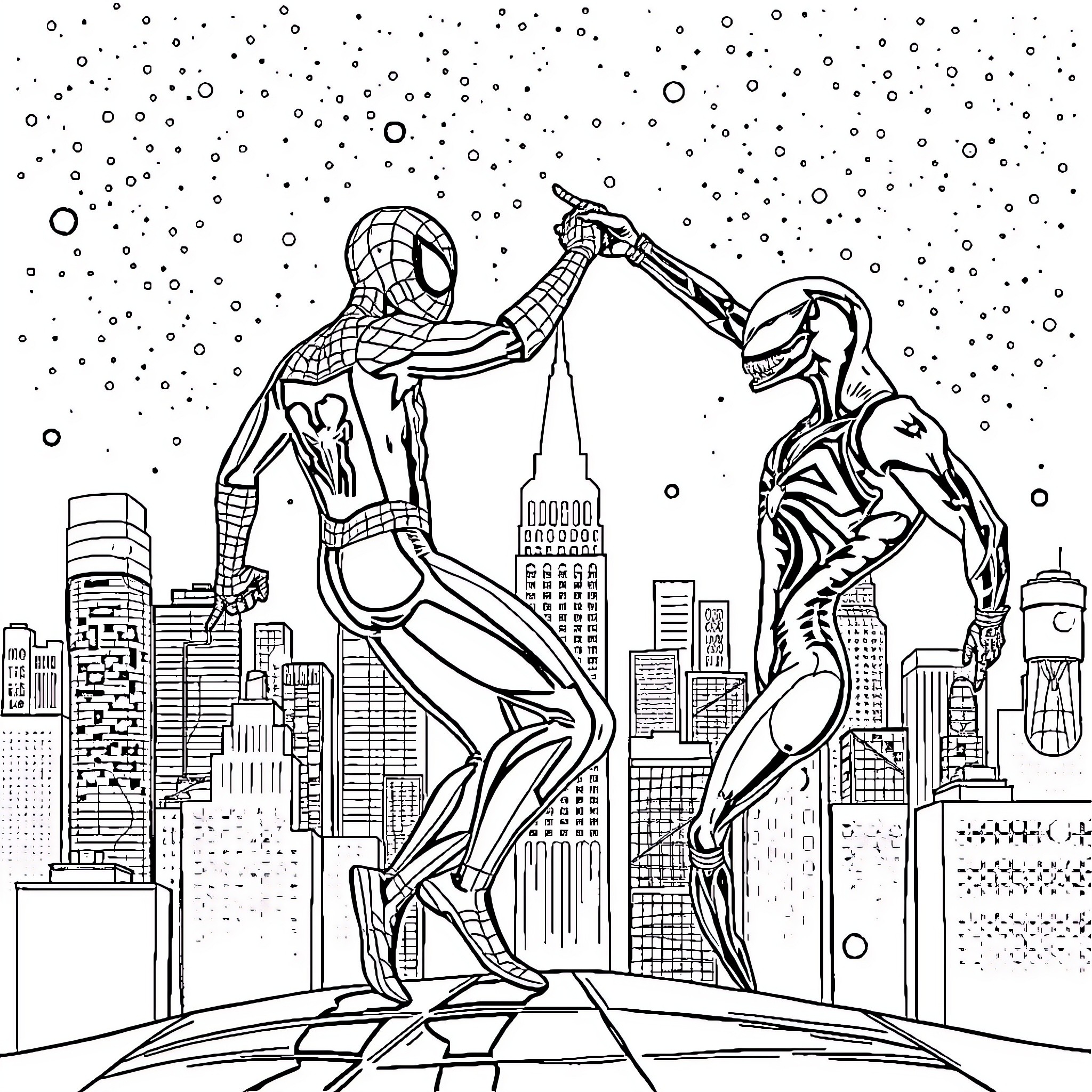 Spiderman battling supervillain in the city Coloring Page (free black-and-white line drawing printable PDF for all, from beginners to advanced learners, including children, teens, adults, and seniors)