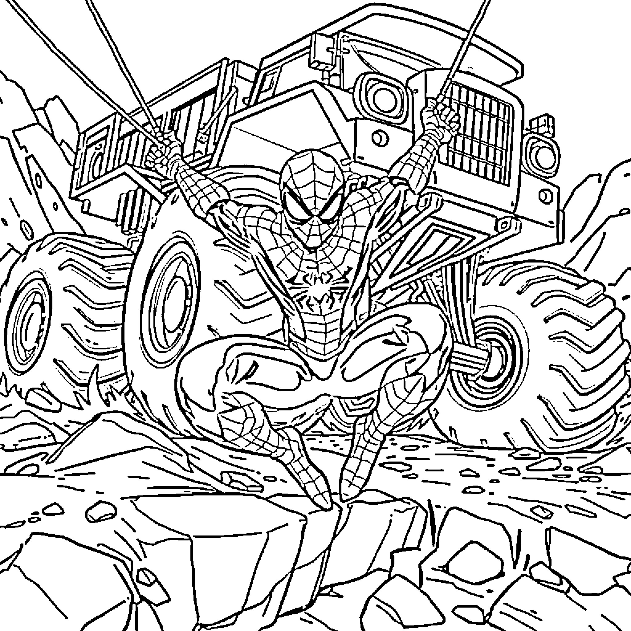 Spiderman's High-Octane Monster Truck Adventure Coloring Page (free black-and-white line drawing printable PDF for all, from beginners to advanced learners, including children, teens, adults, and seniors)