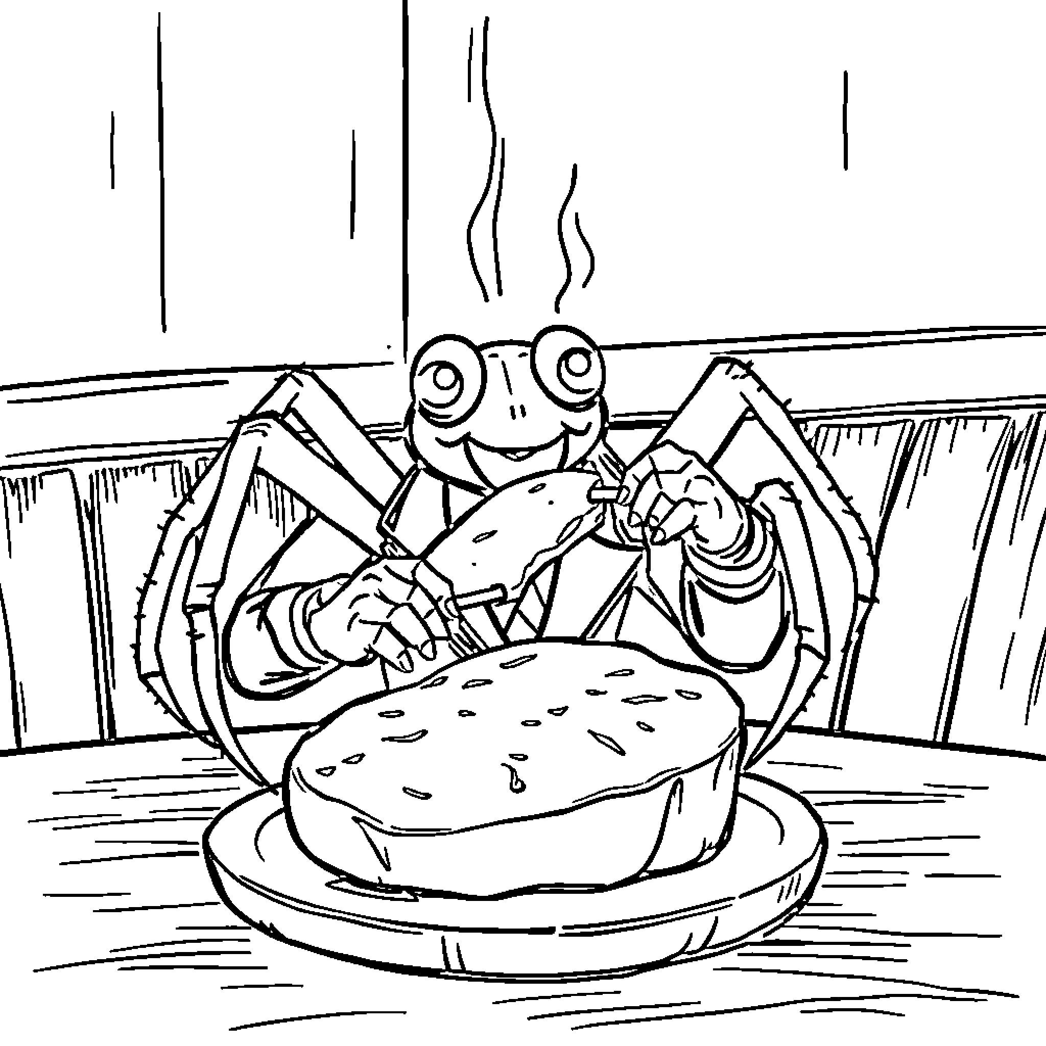 Spider enjoying a delightful meal Coloring Page (free black-and-white line drawing printable PDF for all, from beginners to advanced learners, including children, teens, adults, and seniors)