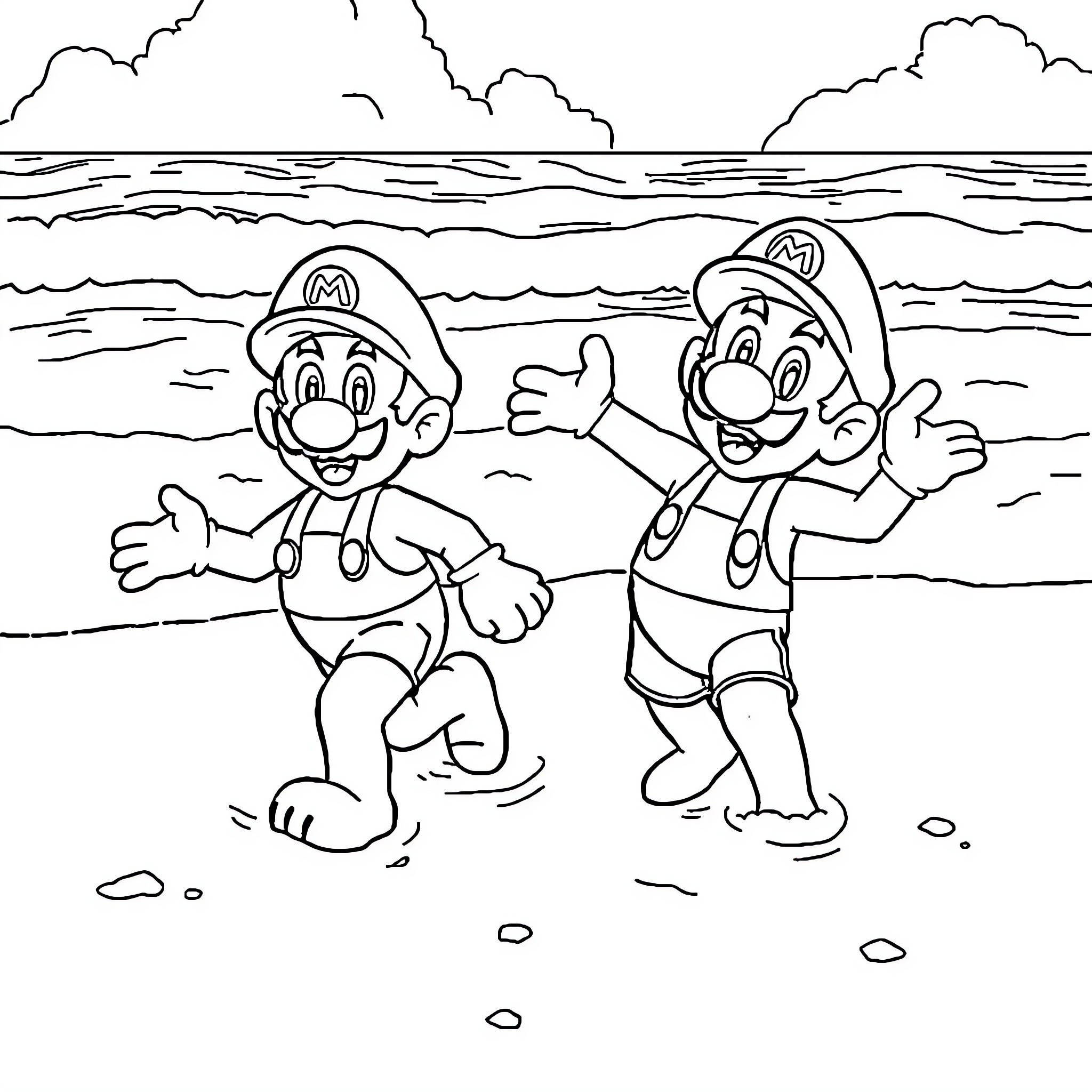 Mario and Luigi Playing Happily on the Beach Coloring Page (free black-and-white line drawing printable PDF for all, from beginners to advanced learners, including children, teens, adults, and seniors)