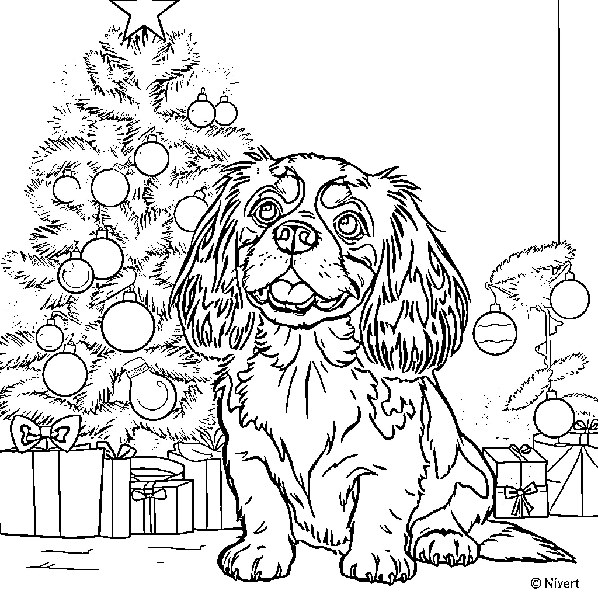 King Charles Cavalier dog beside Christmas tree Coloring Page (free black-and-white line drawing printable PDF for all, from beginners to advanced learners, including children, teens, adults, and seniors)