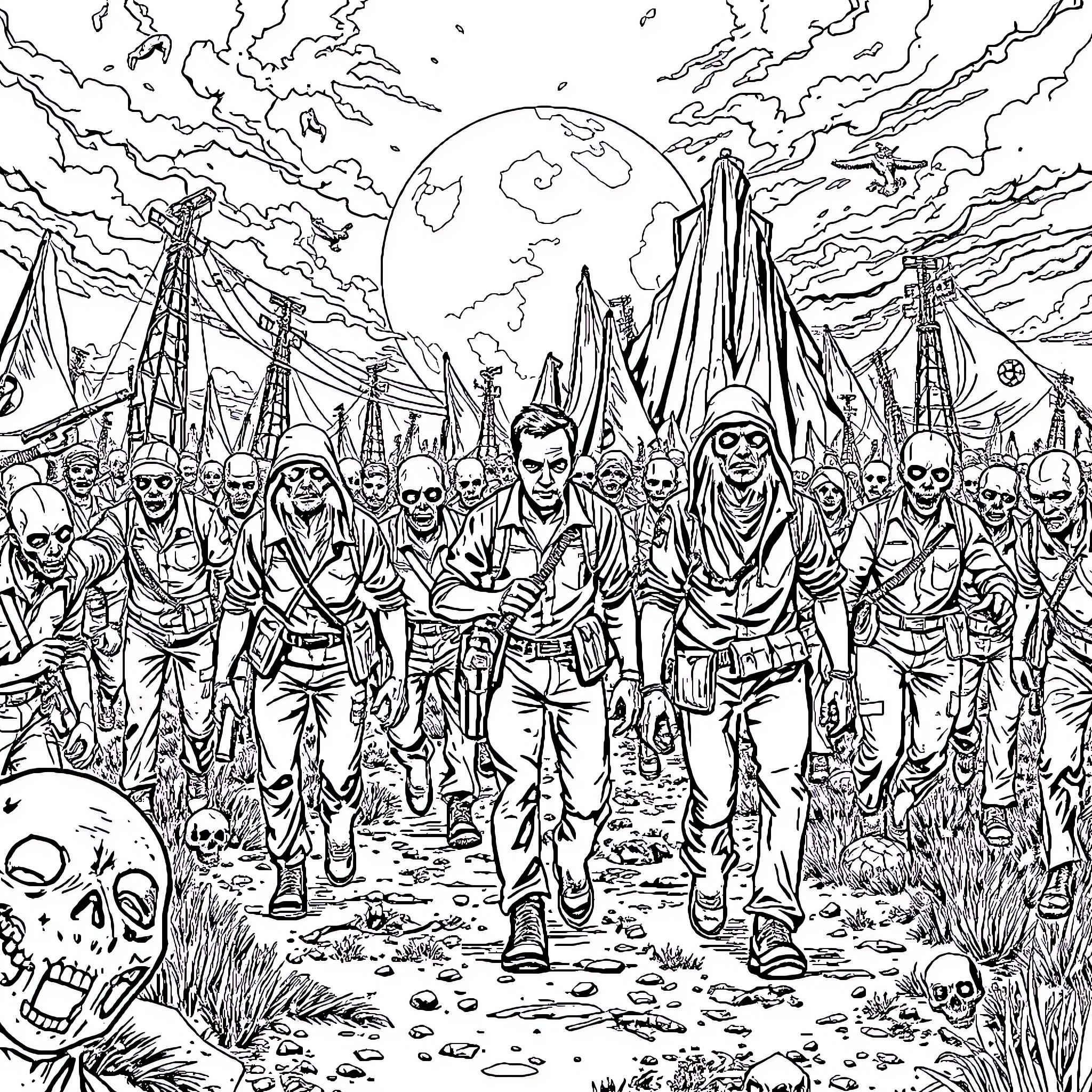 Zombie Army Marching Through Ruined Landscape Coloring Page (free black-and-white line drawing printable PDF for all, from beginners to advanced learners, including children, teens, adults, and seniors)