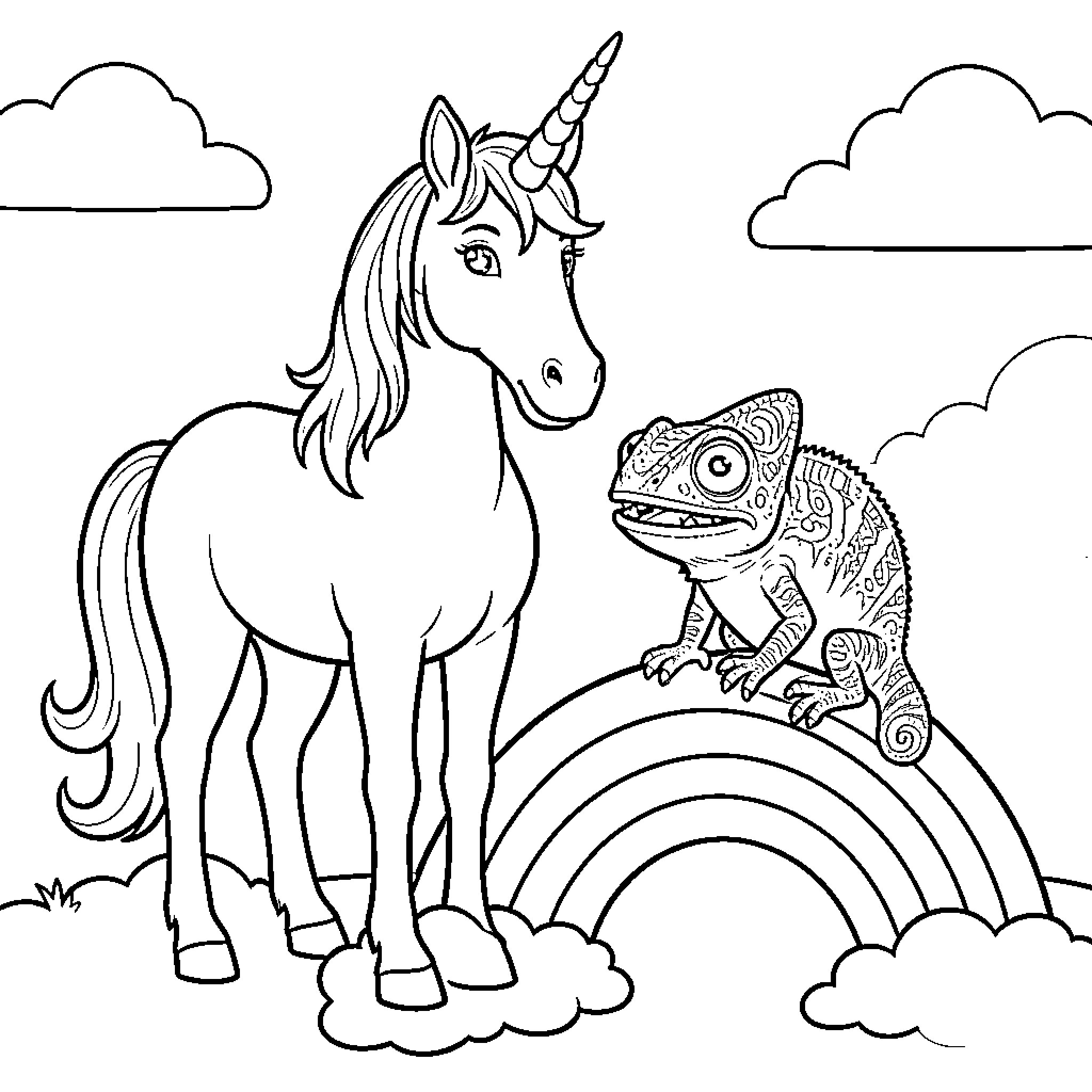 Unicorn standing beside a chameleon on a rainbow Coloring Page (free black-and-white line drawing printable PDF for all, from beginners to advanced learners, including children, teens, adults, and seniors)