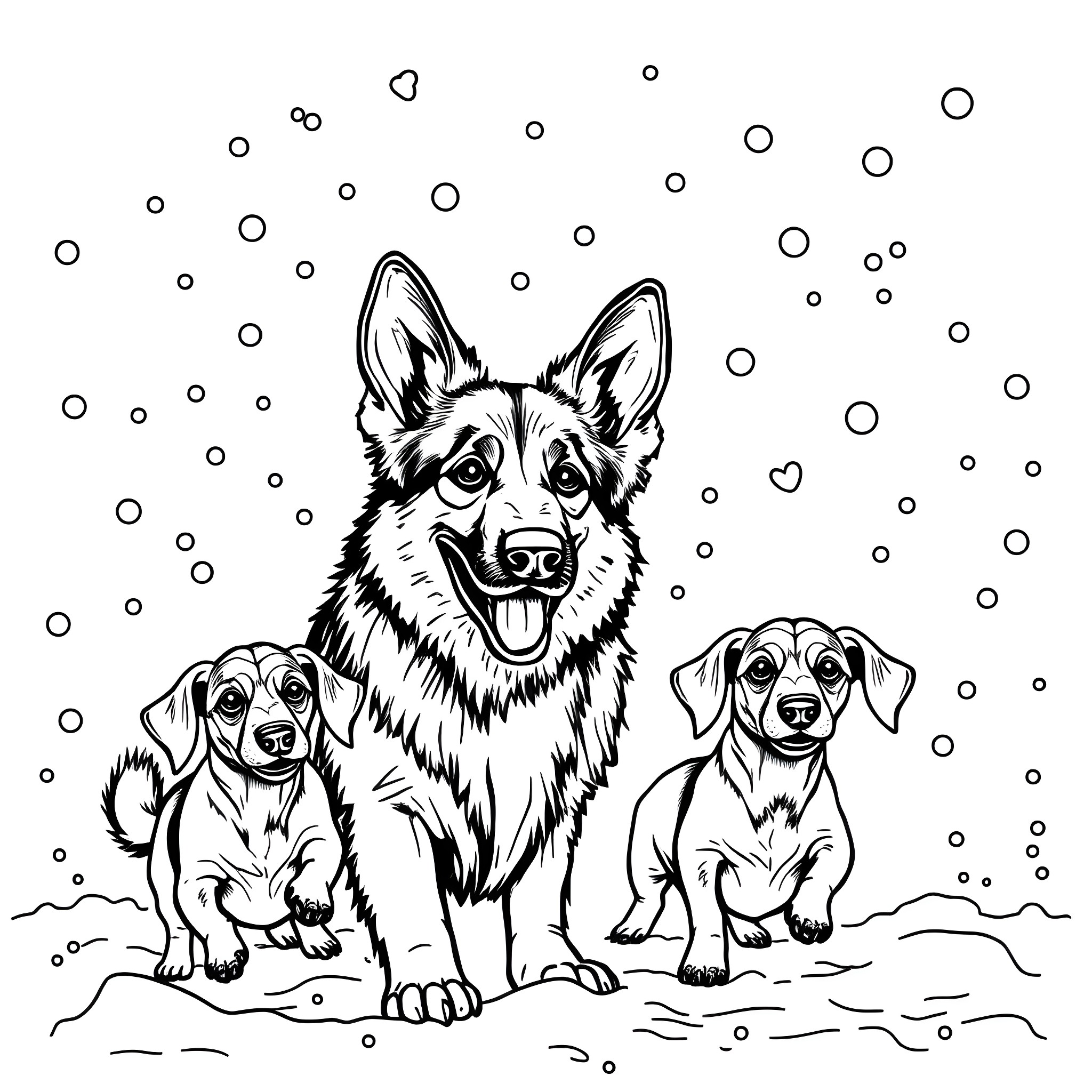 German Shepherd family playing in the snow Coloring Page (free black-and-white line drawing printable PDF for all, from beginners to advanced learners, including children, teens, adults, and seniors)