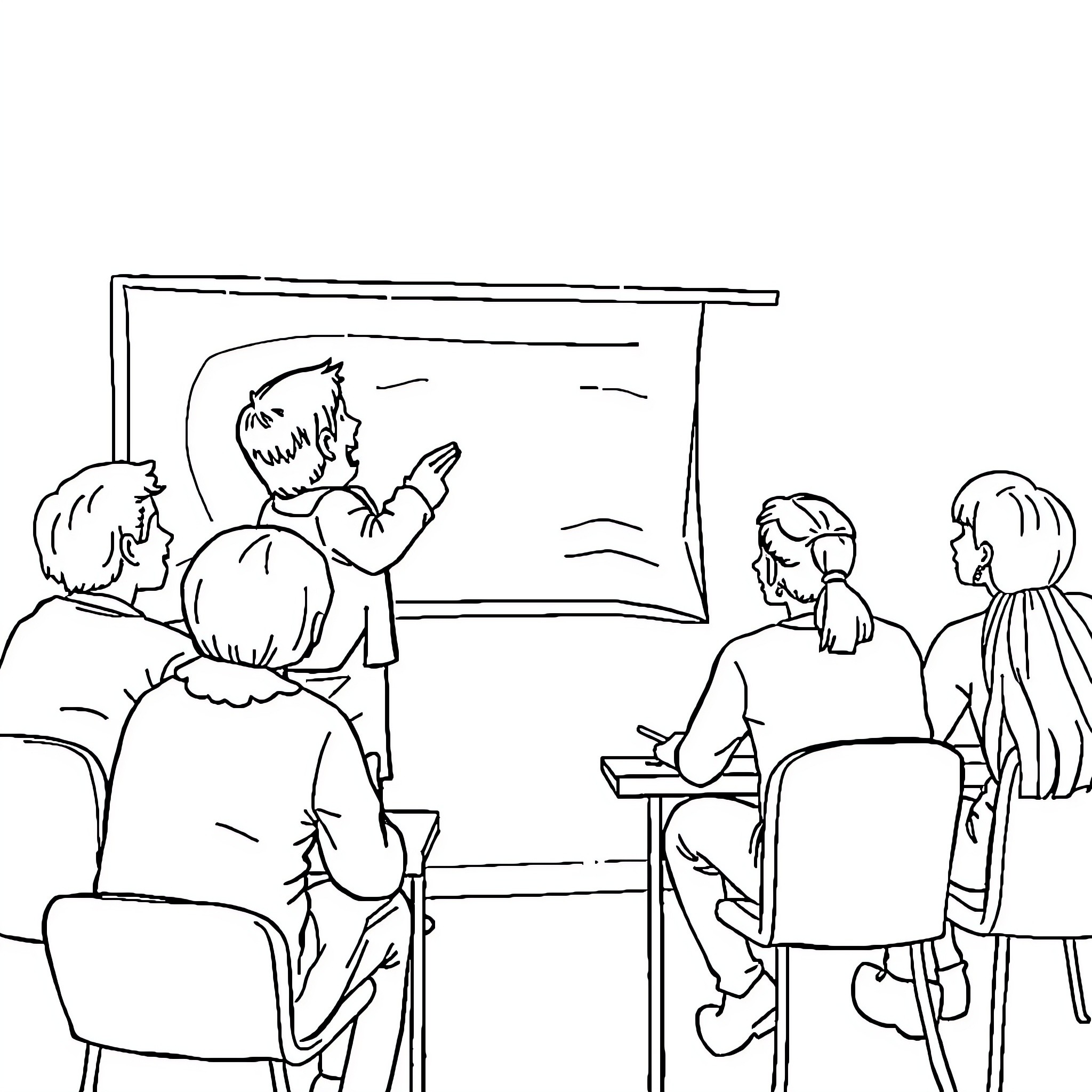Teacher Guiding Students in Classroom Discussion Coloring Page (free black-and-white line drawing printable PDF for all, from beginners to advanced learners, including children, teens, adults, and seniors)