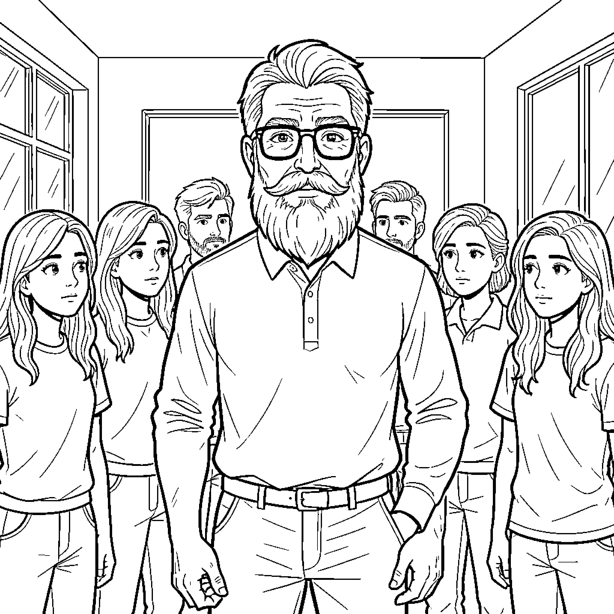 Bearded Man surrounded by his family Coloring Page (free black-and-white line drawing printable PDF for all, from beginners to advanced learners, including children, teens, adults, and seniors)