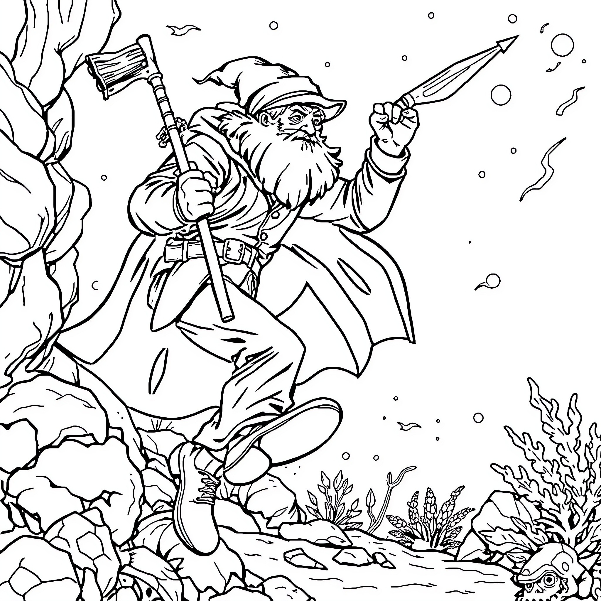 Gardien de But Fighting Underwater with Harpoon Coloring Page (free black-and-white line drawing printable PDF for all, from beginners to advanced learners, including children, teens, adults, and seniors)