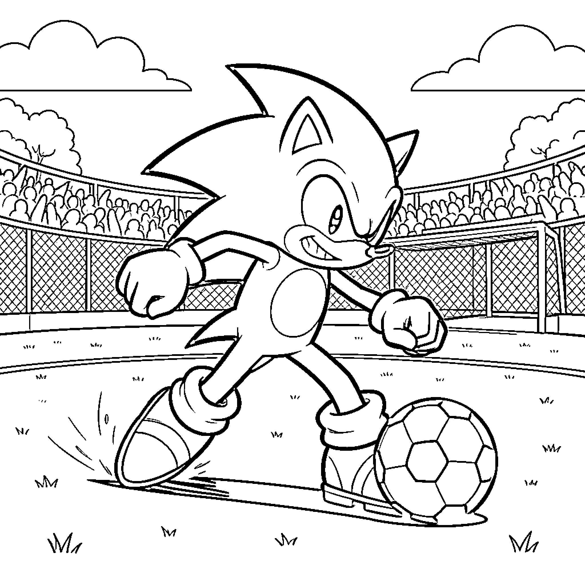 Sonic playing soccer in a crowded stadium Coloring Page (free black-and-white line drawing printable PDF for all, from beginners to advanced learners, including children, teens, adults, and seniors)