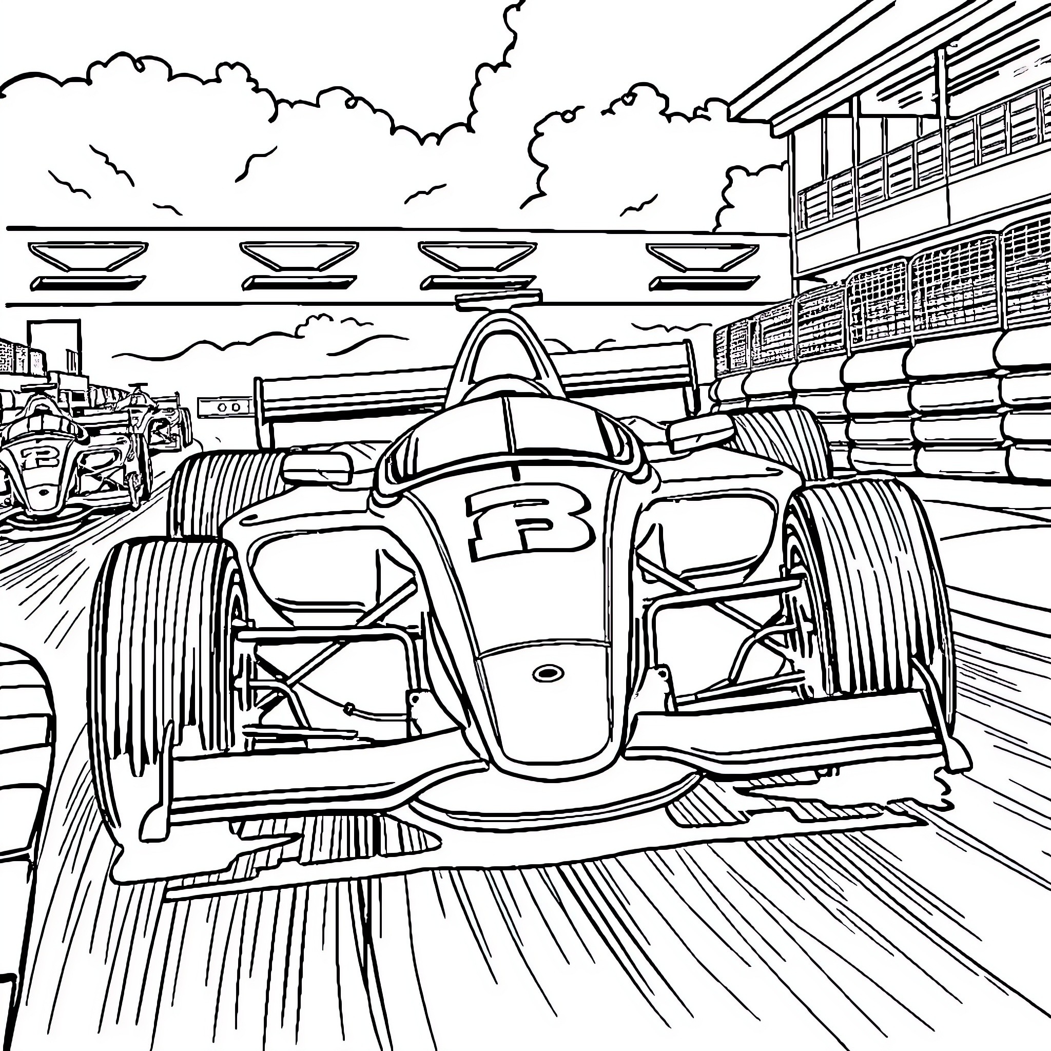 Race Car Speeding on the Track Coloring Page (free black-and-white line drawing printable PDF for all, from beginners to advanced learners, including children, teens, adults, and seniors)