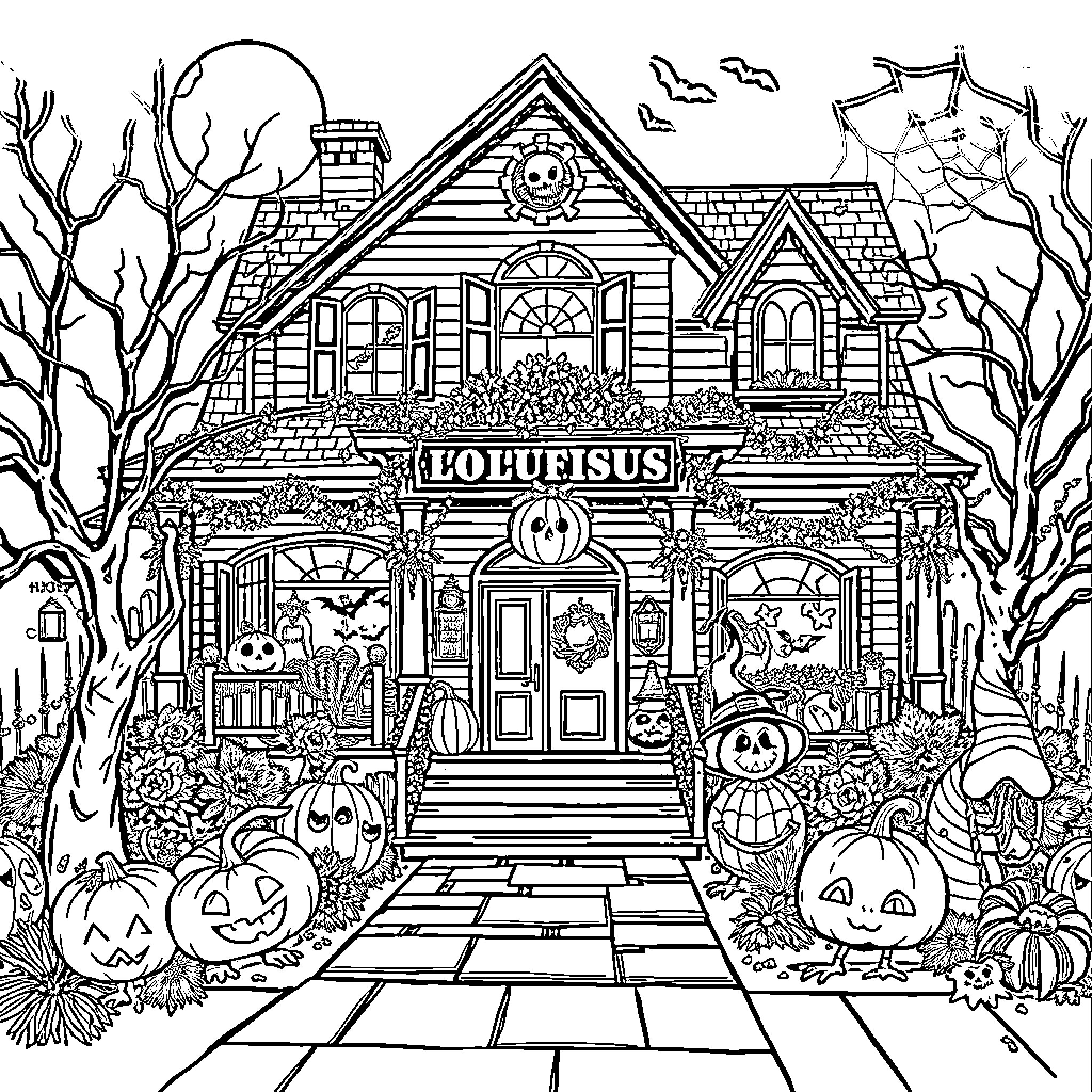 Halloween House of Spooky Fun and Festivities Coloring Page (free black-and-white line drawing printable PDF for all, from beginners to advanced learners, including children, teens, adults, and seniors)