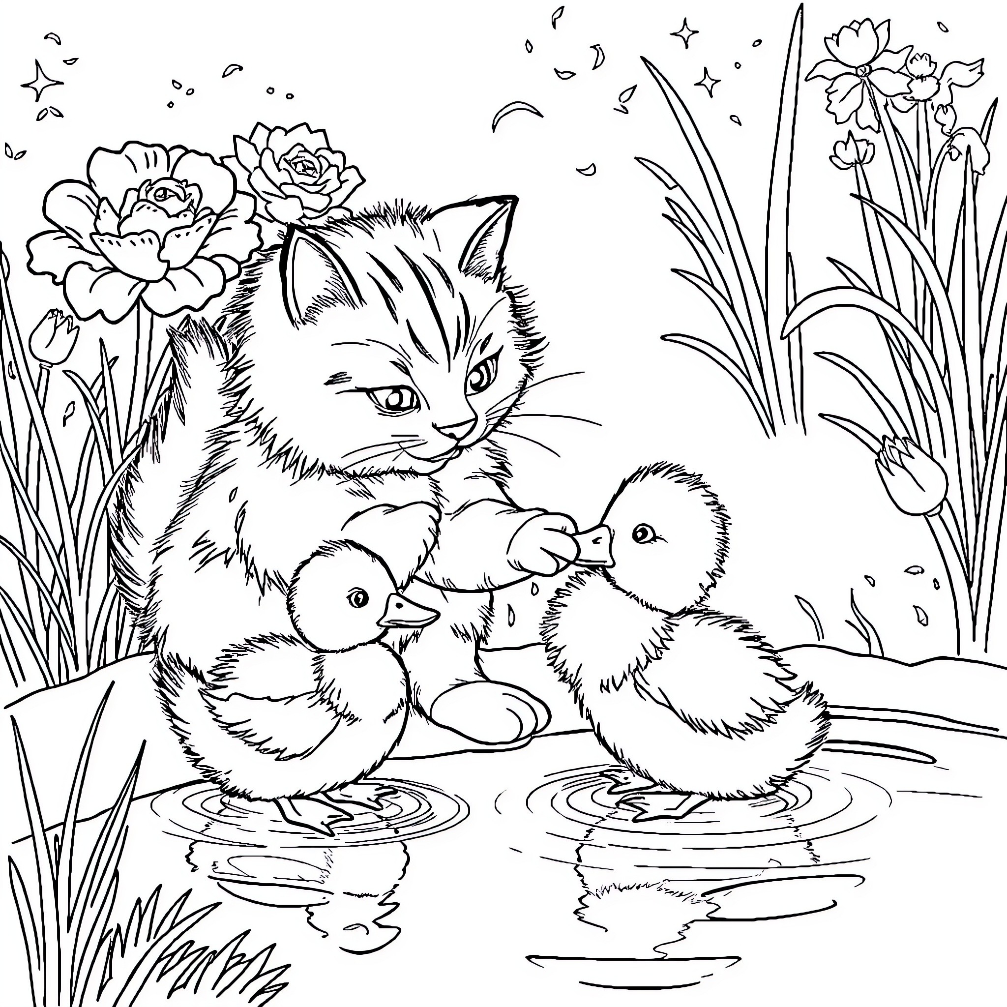 Cat surrounded by adorable ducklings in a floral garden Coloring Page (free black-and-white line drawing printable PDF for all, from beginners to advanced learners, including children, teens, adults, and seniors)