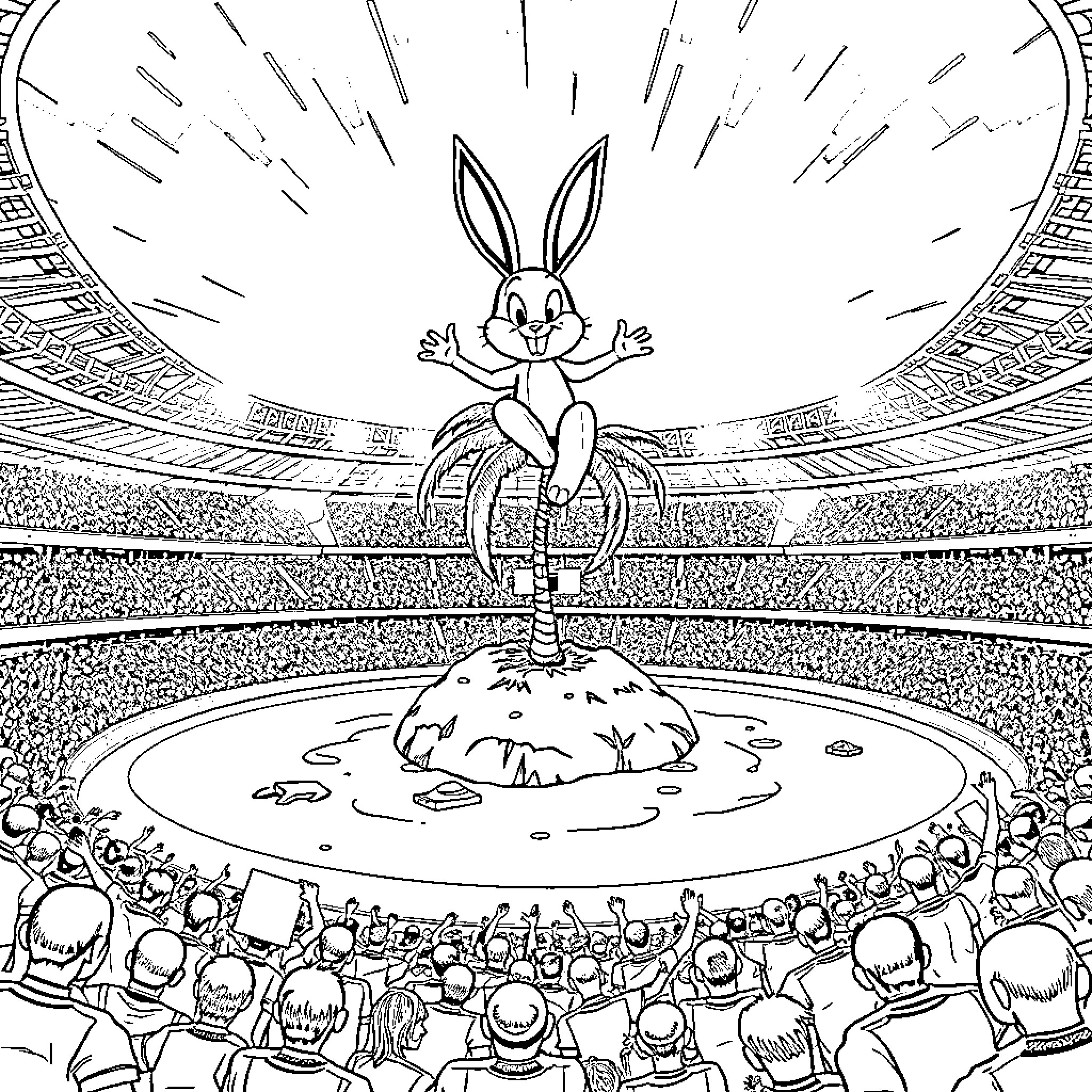 Bad Bunny's Triumphant Performance on Stage Coloring Page (free black-and-white line drawing printable PDF for all, from beginners to advanced learners, including children, teens, adults, and seniors)