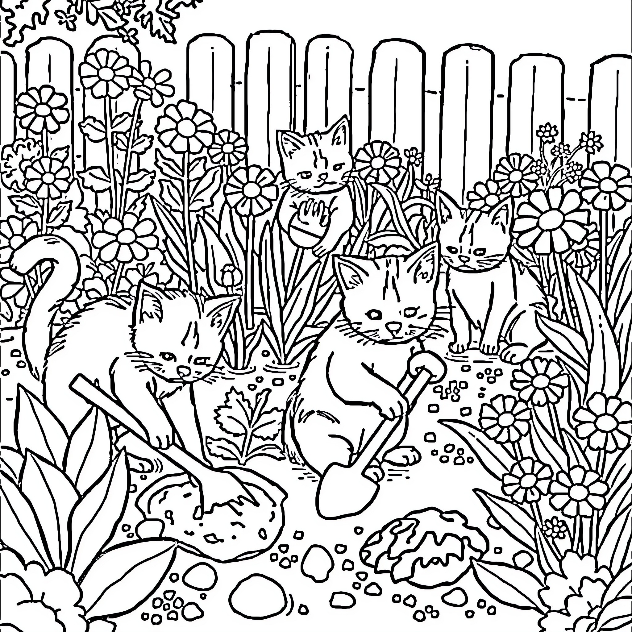 Cat Kittens Playing in Colorful Garden Coloring Page (free black-and-white line drawing printable PDF for all, from beginners to advanced learners, including children, teens, adults, and seniors)