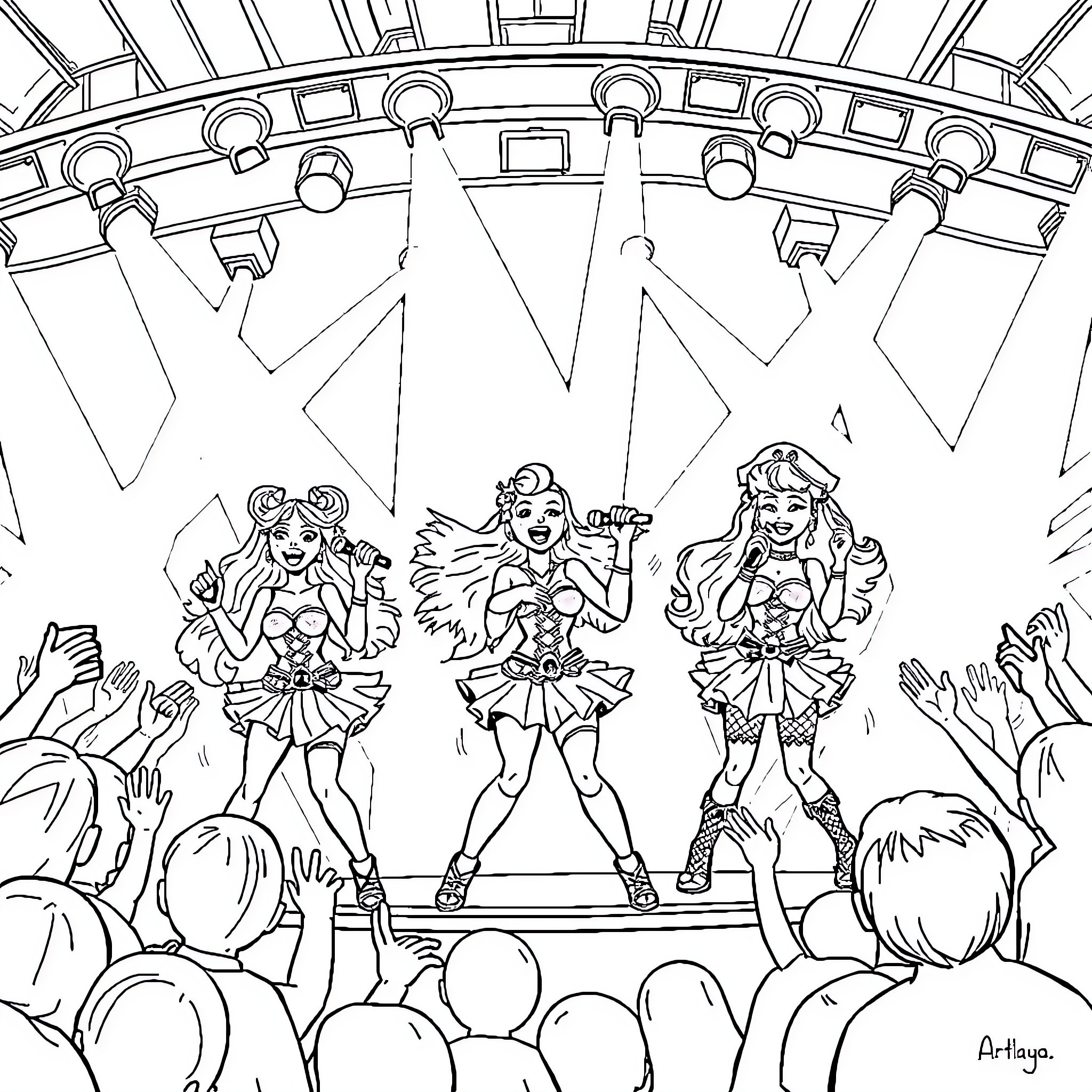 Dazzling Performers Captivate the Crowd Coloring Page (free black-and-white line drawing printable PDF for all, from beginners to advanced learners, including children, teens, adults, and seniors)