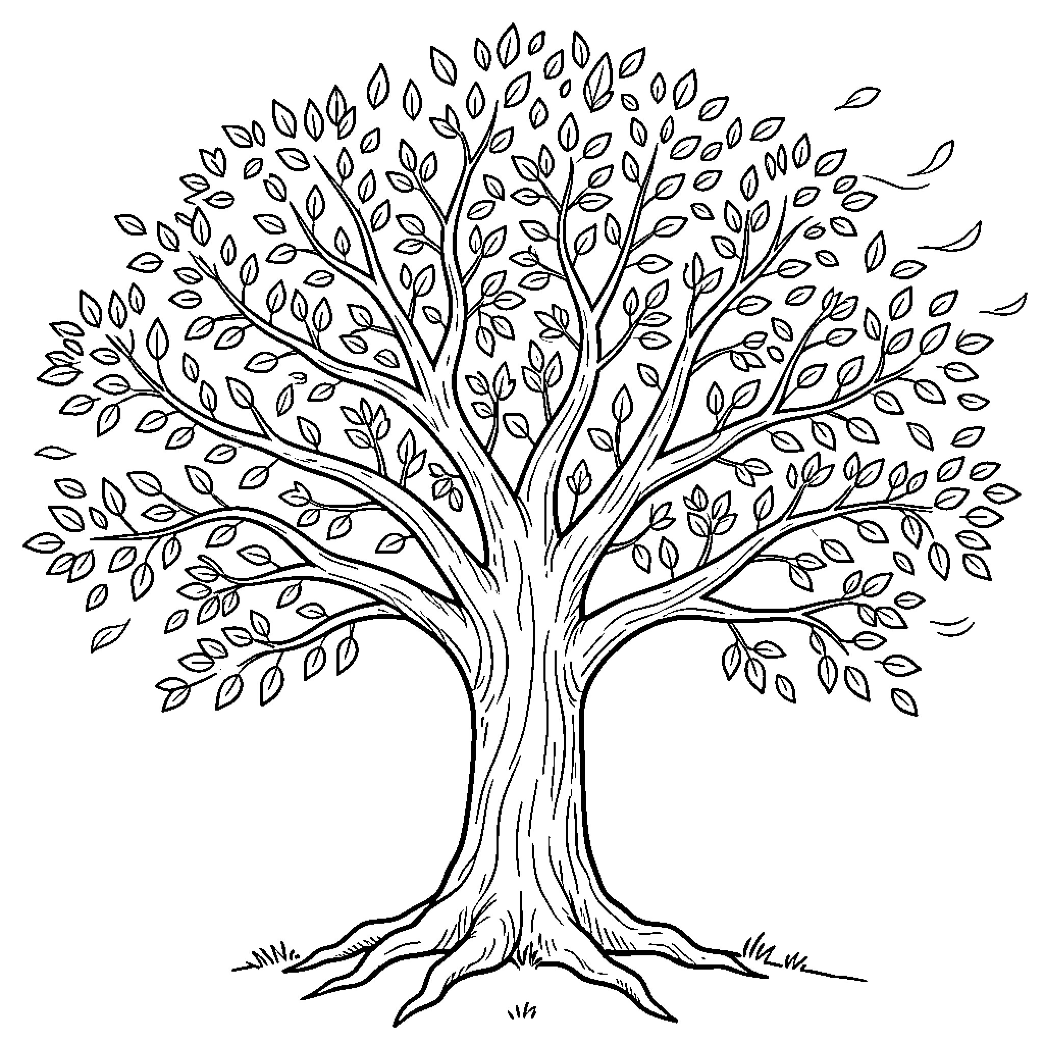 Tree with many leaves spreading wide branches Coloring Page (free black-and-white line drawing printable PDF for all, from beginners to advanced learners, including children, teens, adults, and seniors)