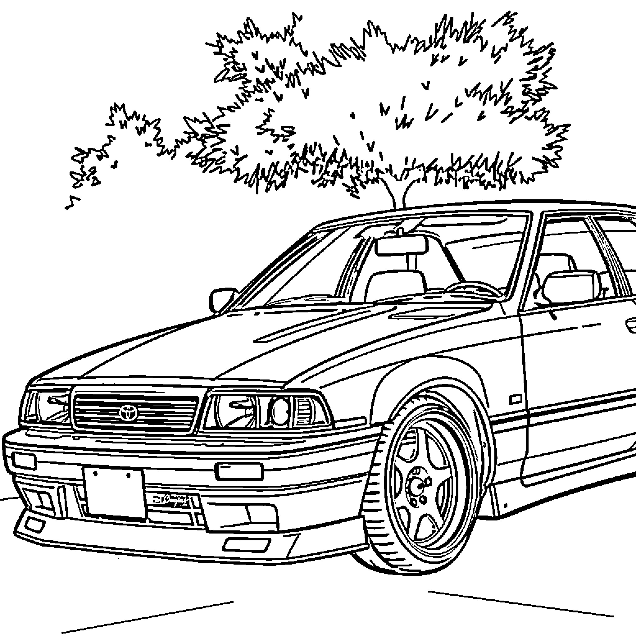 Toyota sports car speeding through scenic landscape Coloring Page (free black-and-white line drawing printable PDF for all, from beginners to advanced learners, including children, teens, adults, and seniors)
