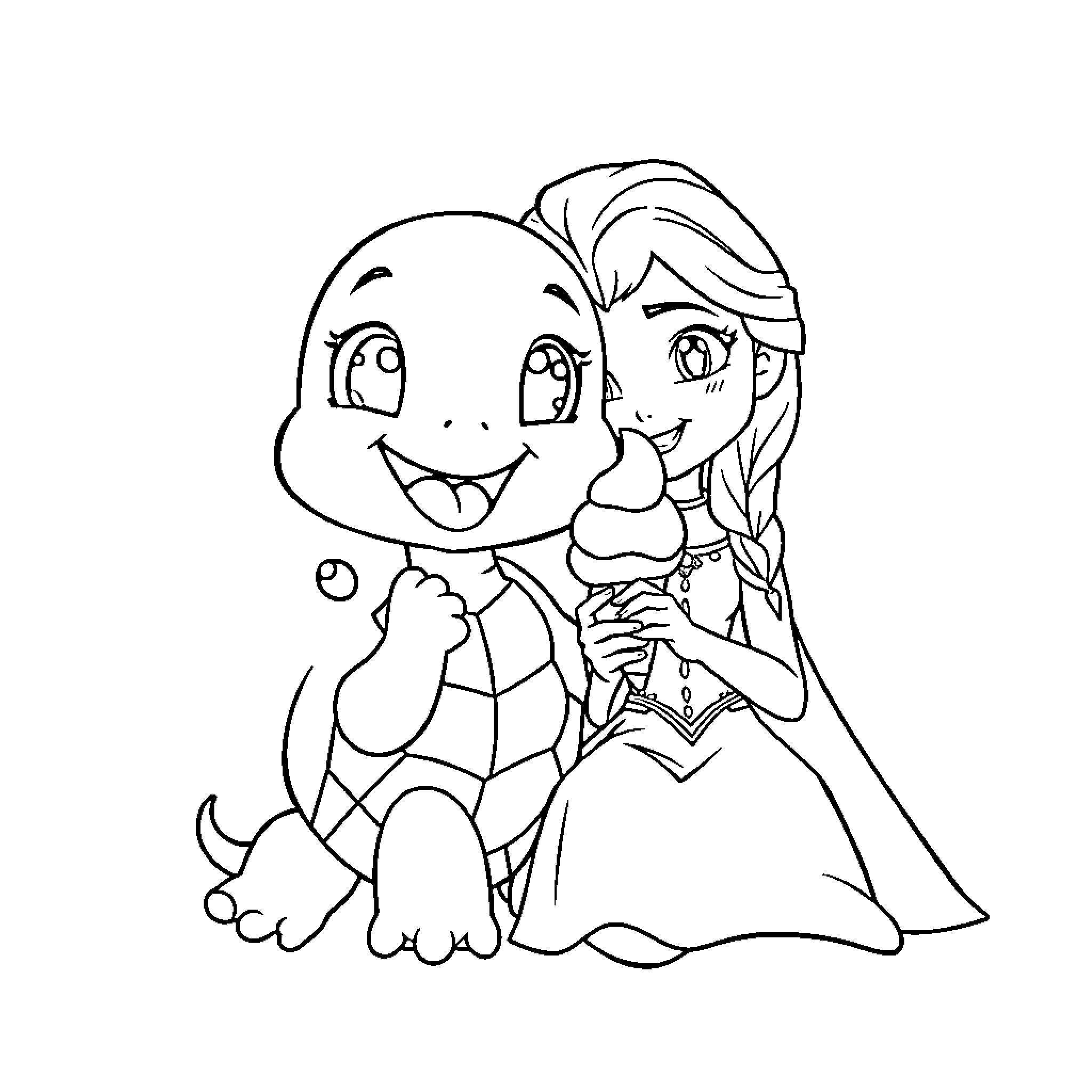 Turtle and princess enjoying ice cream together Coloring Page (free black-and-white line drawing printable PDF for all, from beginners to advanced learners, including children, teens, adults, and seniors)