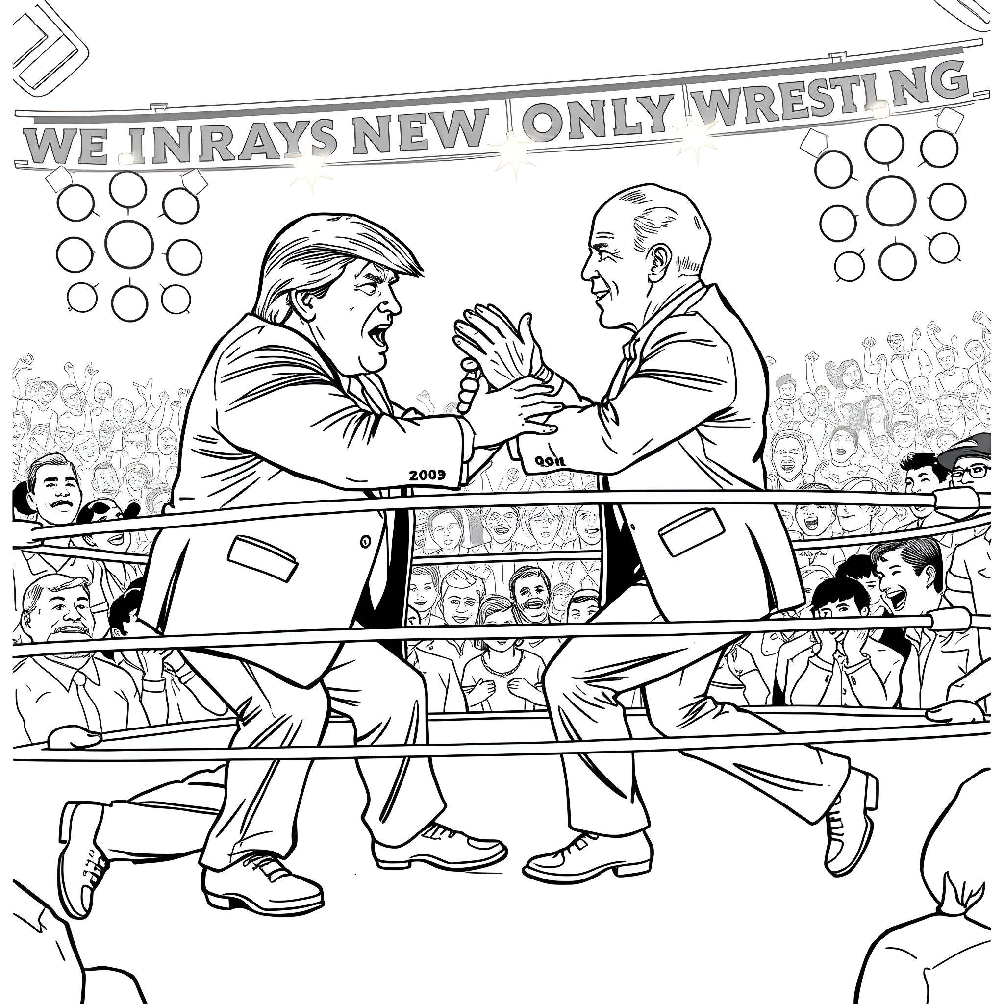 Donald Trump and Joe Biden Debate on Stage Coloring Page (free black-and-white line drawing printable PDF for all, from beginners to advanced learners, including children, teens, adults, and seniors)