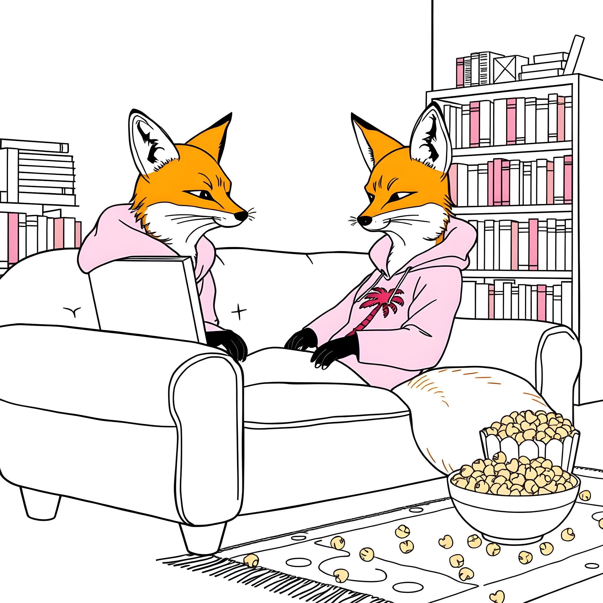 Foxes enjoying a cozy reading session in the library Coloring Page (free black-and-white line drawing printable PDF for all, from beginners to advanced learners, including children, teens, adults, and seniors)