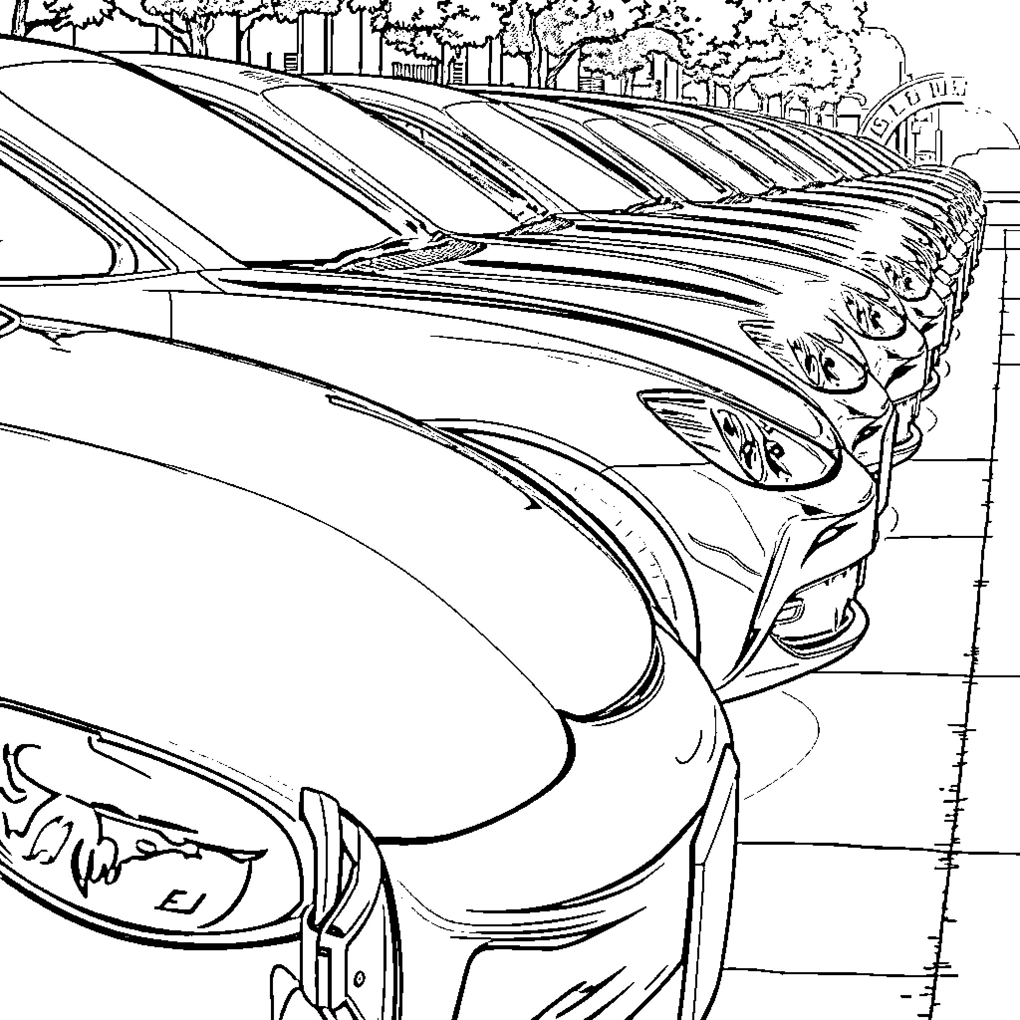 Car showroom with various automobile models Coloring Page (free black-and-white line drawing printable PDF for all, from beginners to advanced learners, including children, teens, adults, and seniors)